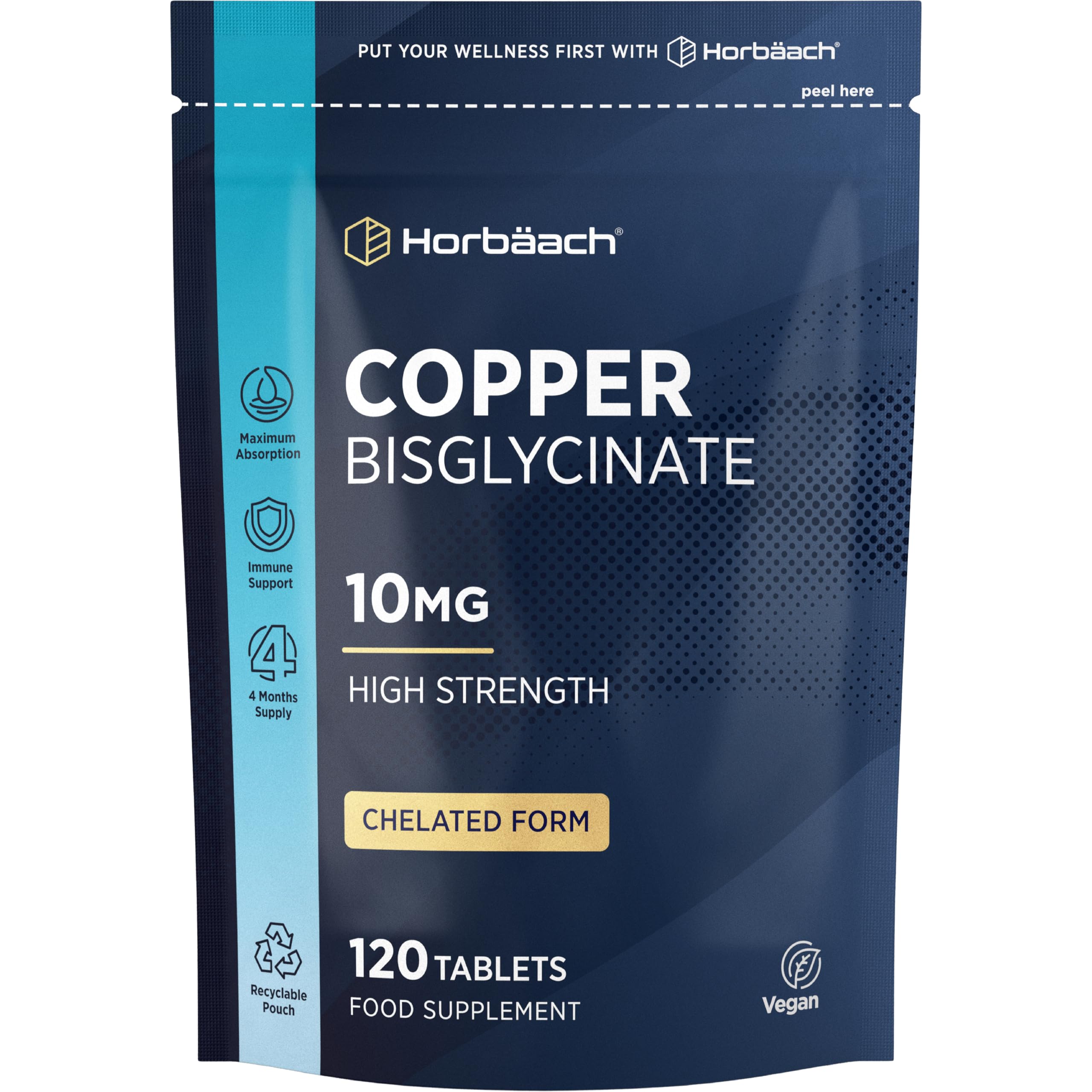 Copper Bisglycinate 10mg | Chelated Form | High Strength Copper Supplement | 120 Vegan Tablets | Horbaach