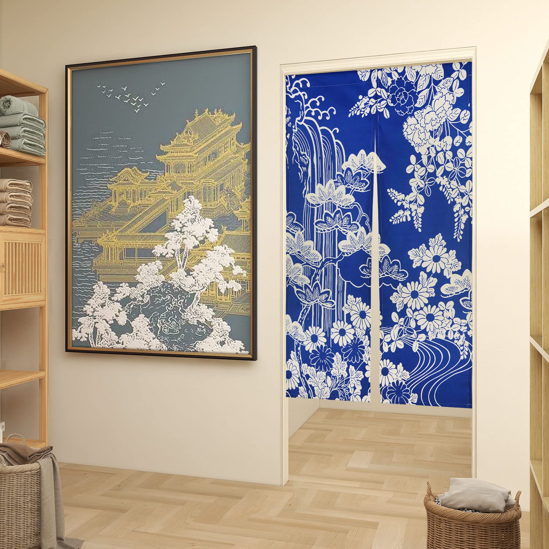 LIGICKY Japanischer Noren Vorhang 85x150cm - Polyester Türvorhang Blau Nudeln
