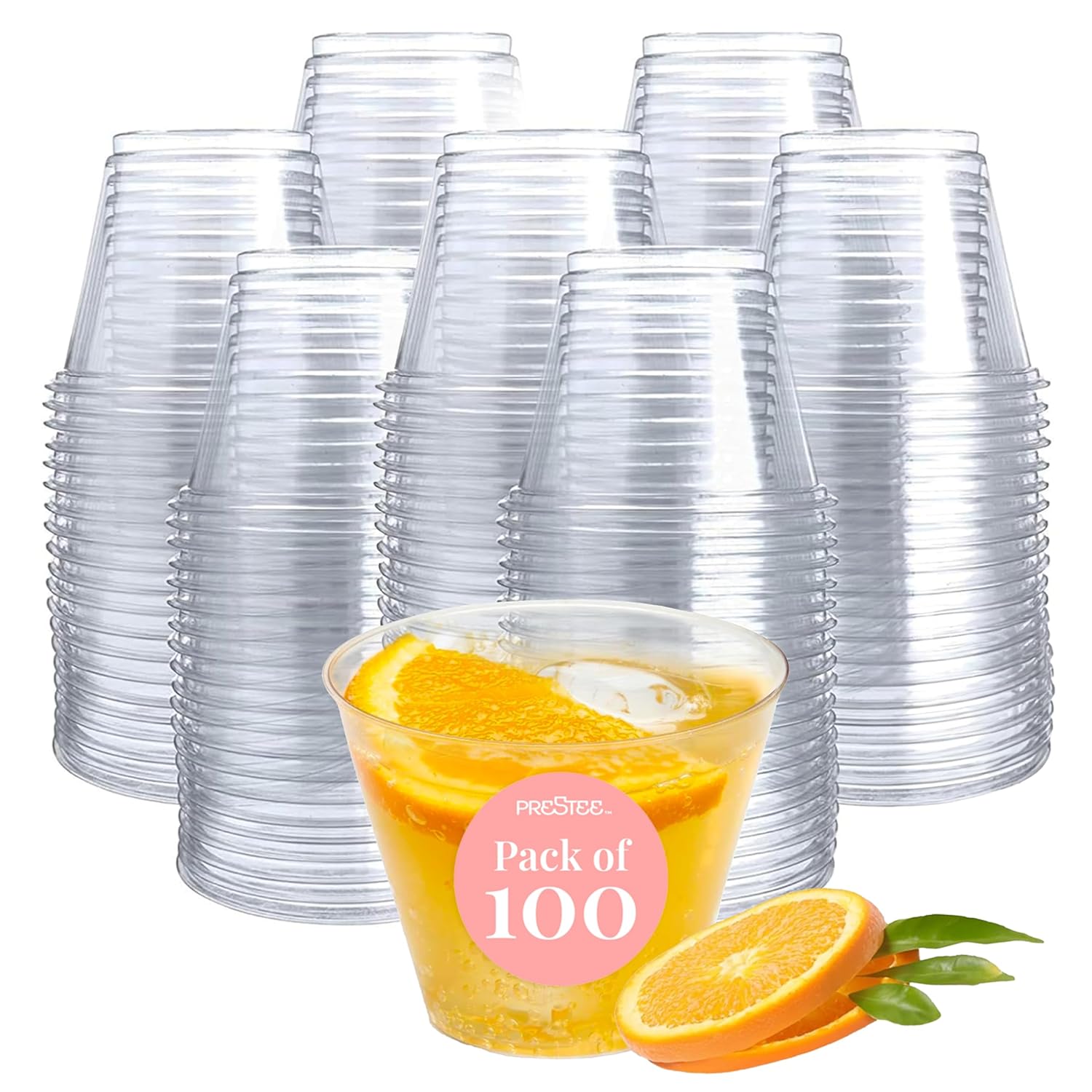 Set of 100-5 oz Clear Plastic Cups - Prestee Hard Disposable Drinkware - Bulk Cocktail Wine and Punch