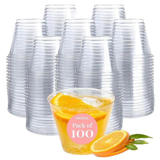 Set of 100-5 oz Clear Plastic Cups - Prestee Hard Disposable Drinkware - Bulk Cocktail Wine and Punch