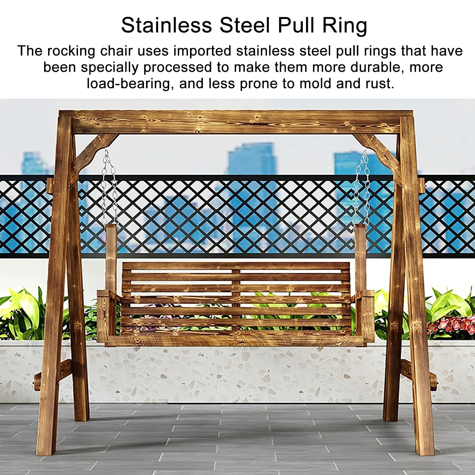 Altalena da portico in legno con supporto, panca da patio a 2 posti con schienale e braccioli, resistente capacità di 362,9 kg, per giardino, cortile, terrazza, relax a bordo piscina