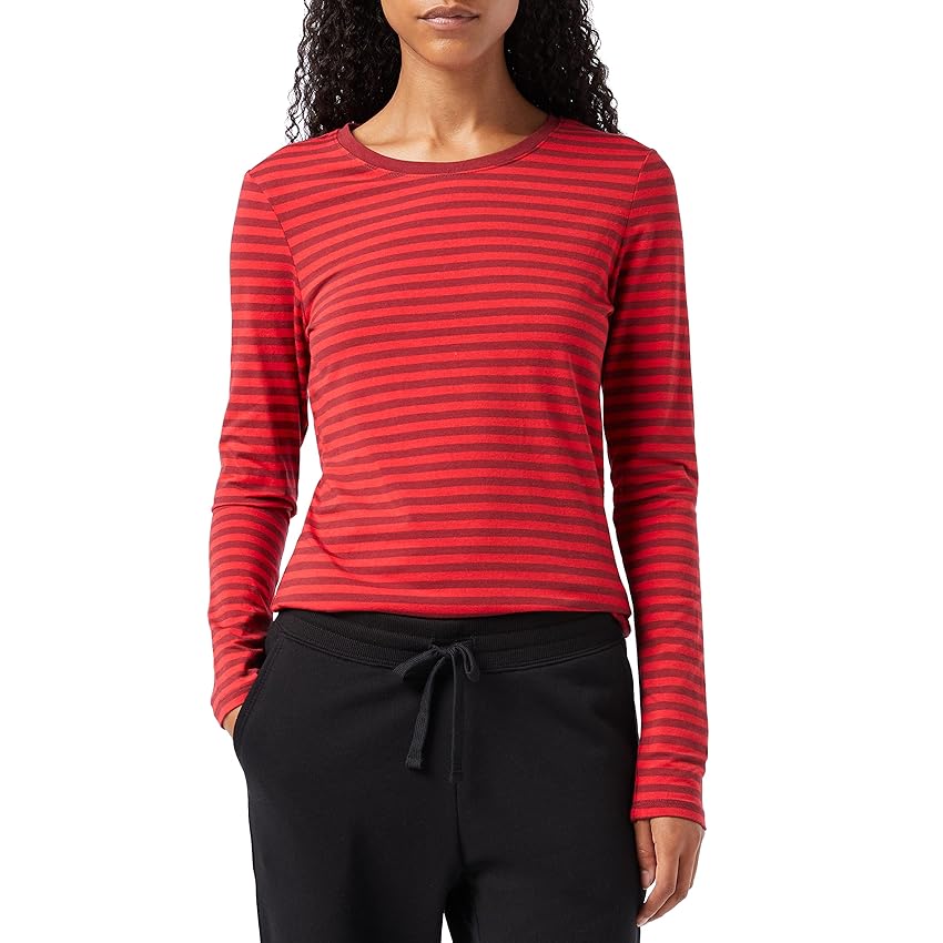 Amazon Essentials T-Shirt Girocollo a Maniche Lunghe, Vestibilità Classica (Disponibile in Taglie Forti) Donna, Bordeaux Rosso Righe, M