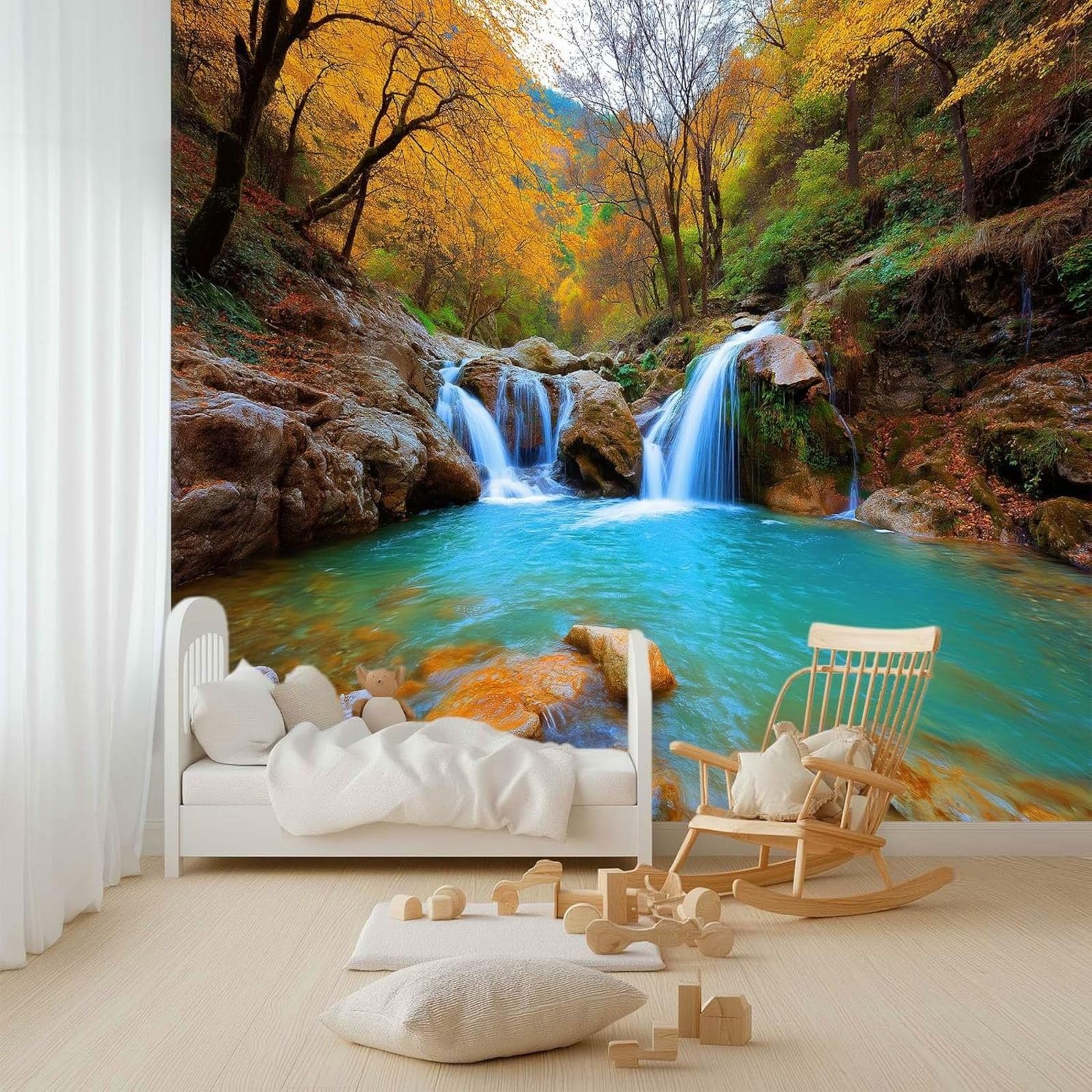 Non-woven wallpaper, autumn forest, multicoloured; photo wallpaper, streams and waterfalls, for children's room, living room, TV background - modern wall decoration, 250cm x 175cm stickers - frameless