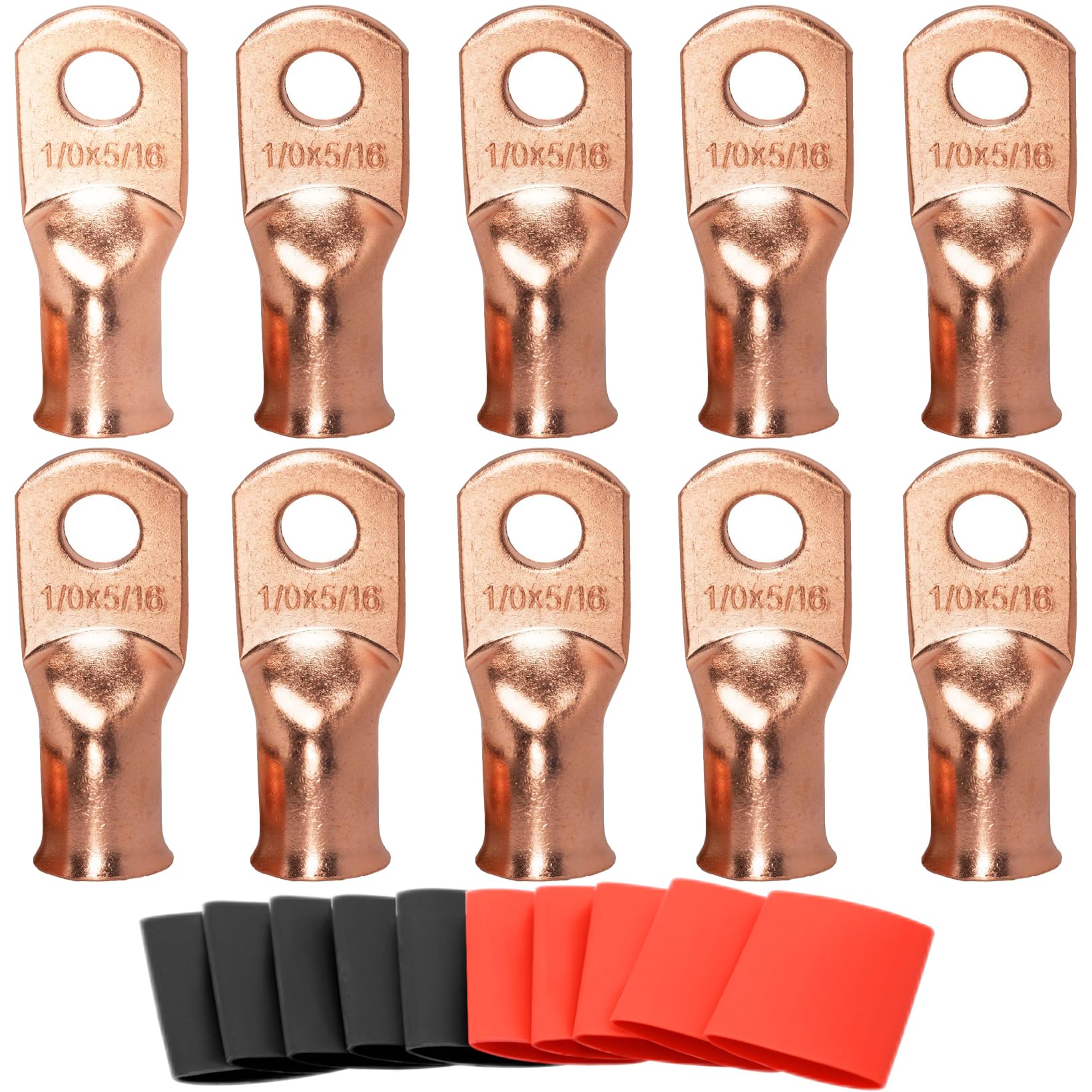 SVAAR 0 Gauge Copper Lugs - 1/0 AWG-5/16 Ring Terminals & Battery Cable Ends - 10PCS Heavy Duty Battery Terminal Connectors + 3:1 Heat Shrink Tube