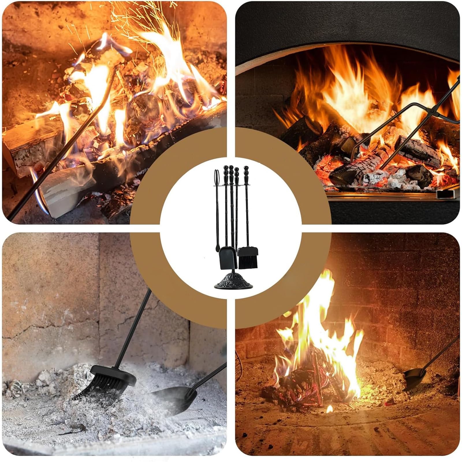 Juego de 5 piezas de herramientas para chimenea de hierro fundido con escoba, pala, base, pinza y póquer, juego de accesorios para estufa de carbón para estufa de carbón para interiores y