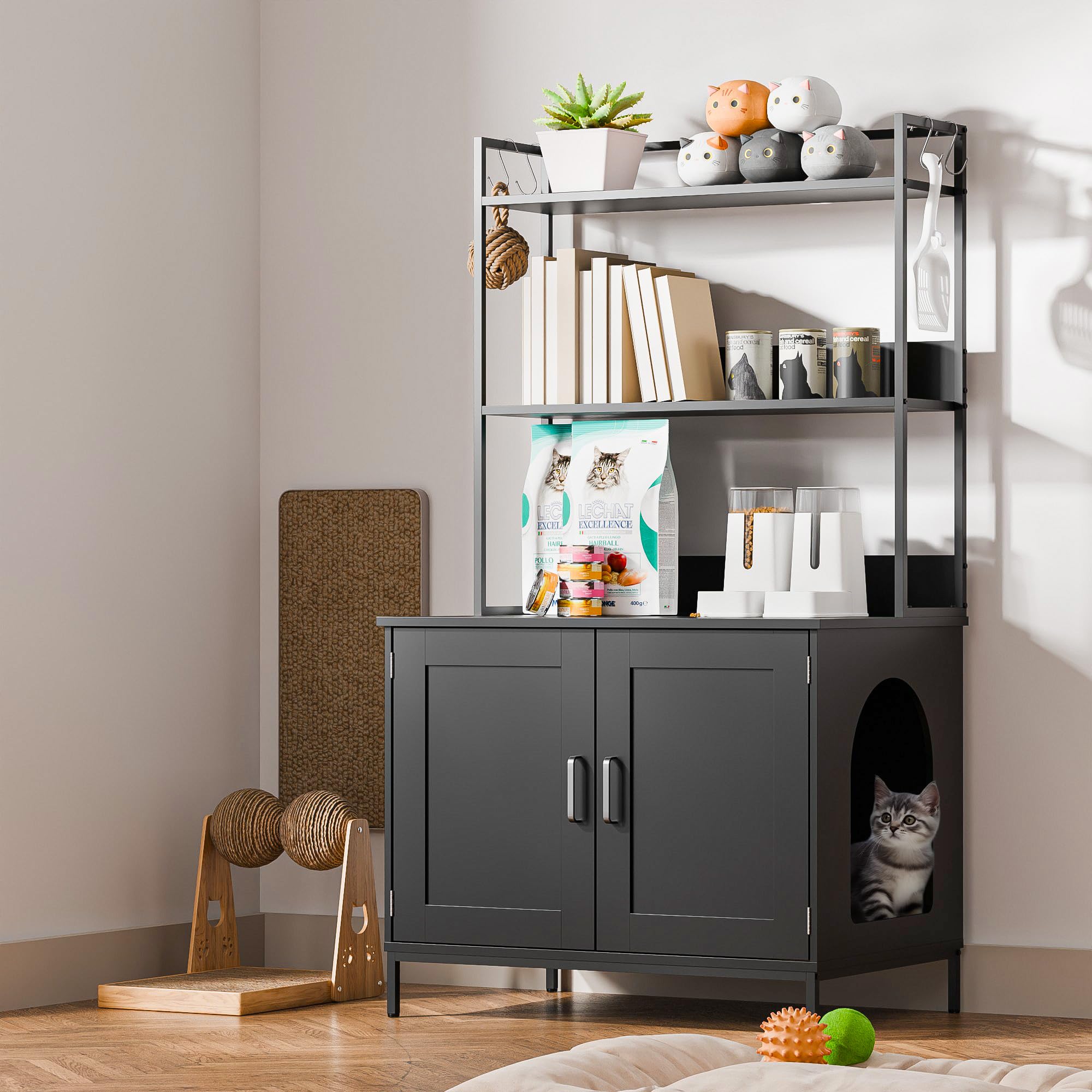 Cozy Castle Litter Box Enclosure, 57'' Cat Litter Box Furniture with Large Cabinet, Shelves and 4 S-Hooks, Hidden Cat House for Most of Litter Boxes, Wooden Pet Washroom Indoor, Black