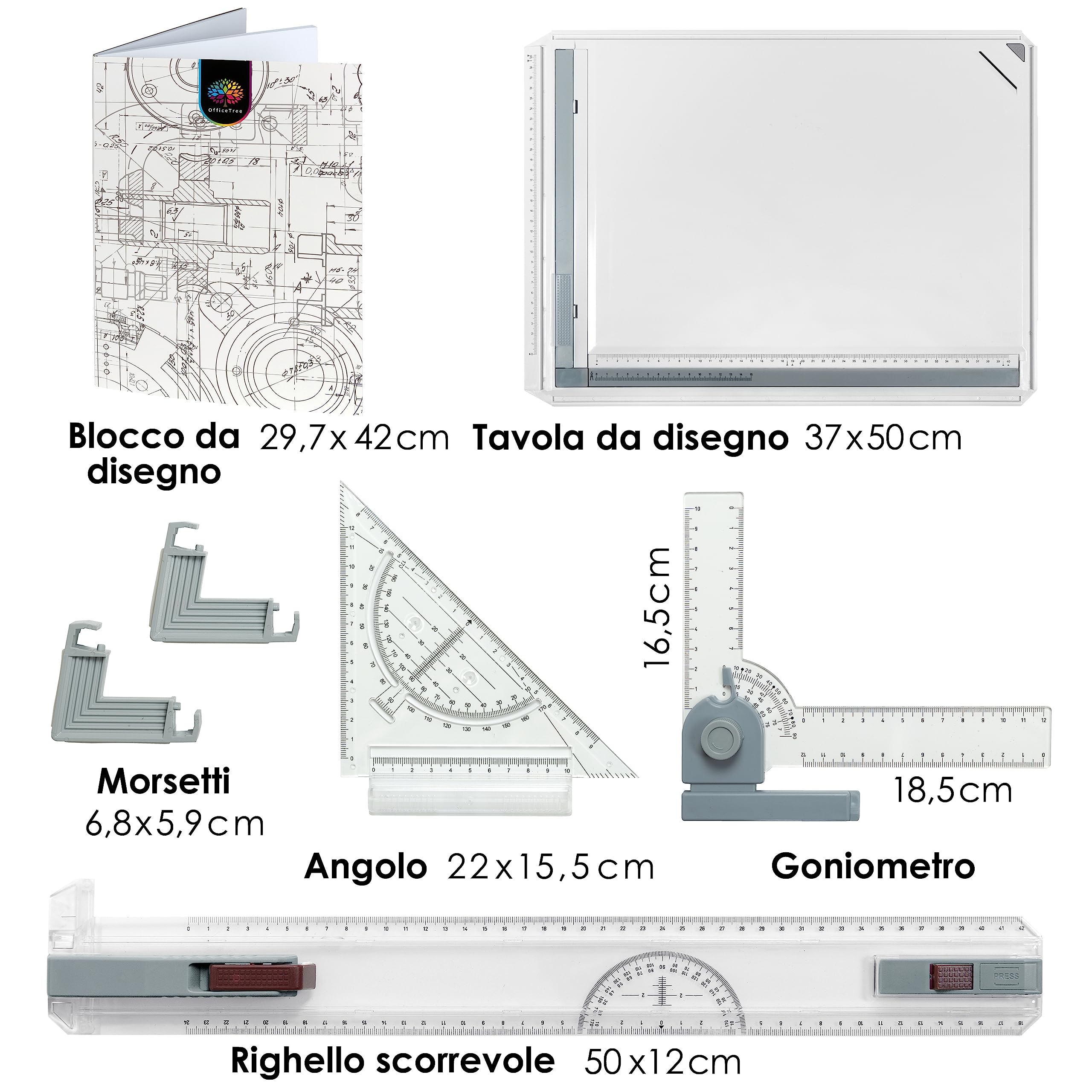 OfficeTree Tavola Disegno Tecnico - Geo Board 37 x 50 cm – 7 Pezzi per Un Lavoro preciso – Squadre da Disegno Tecnico Professionali - Borsa da Trasporto e numerosi Accessori - Lavagna da Disegno