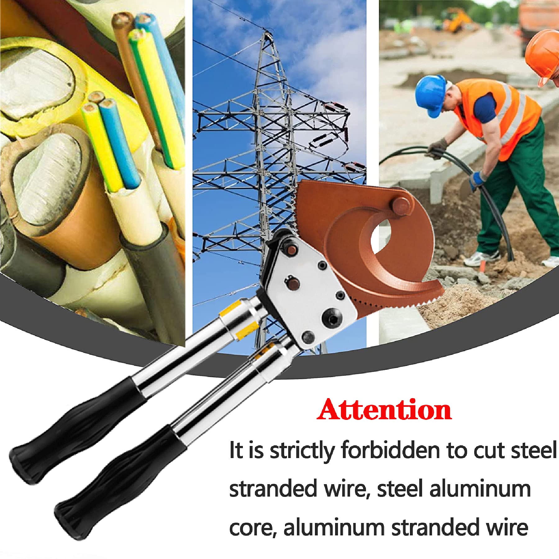 Przecinaki do kabli z grzechotką, wytrzymałe, przecinaki do drutu, wytrzymałe, nożyce do kabli, ręczne narzędzie do cięcia miedzi i aluminium (95 mm)