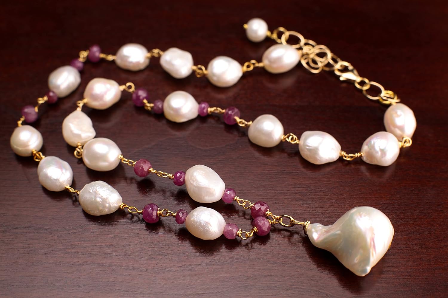 Genuine Freshwater Baroque Pearl, Ruby Faceted Rondelle Spacers, 25mm Baroque Pearl Pendant 14K Gold Filled Necklace 18" with 2" Extender - Image 3