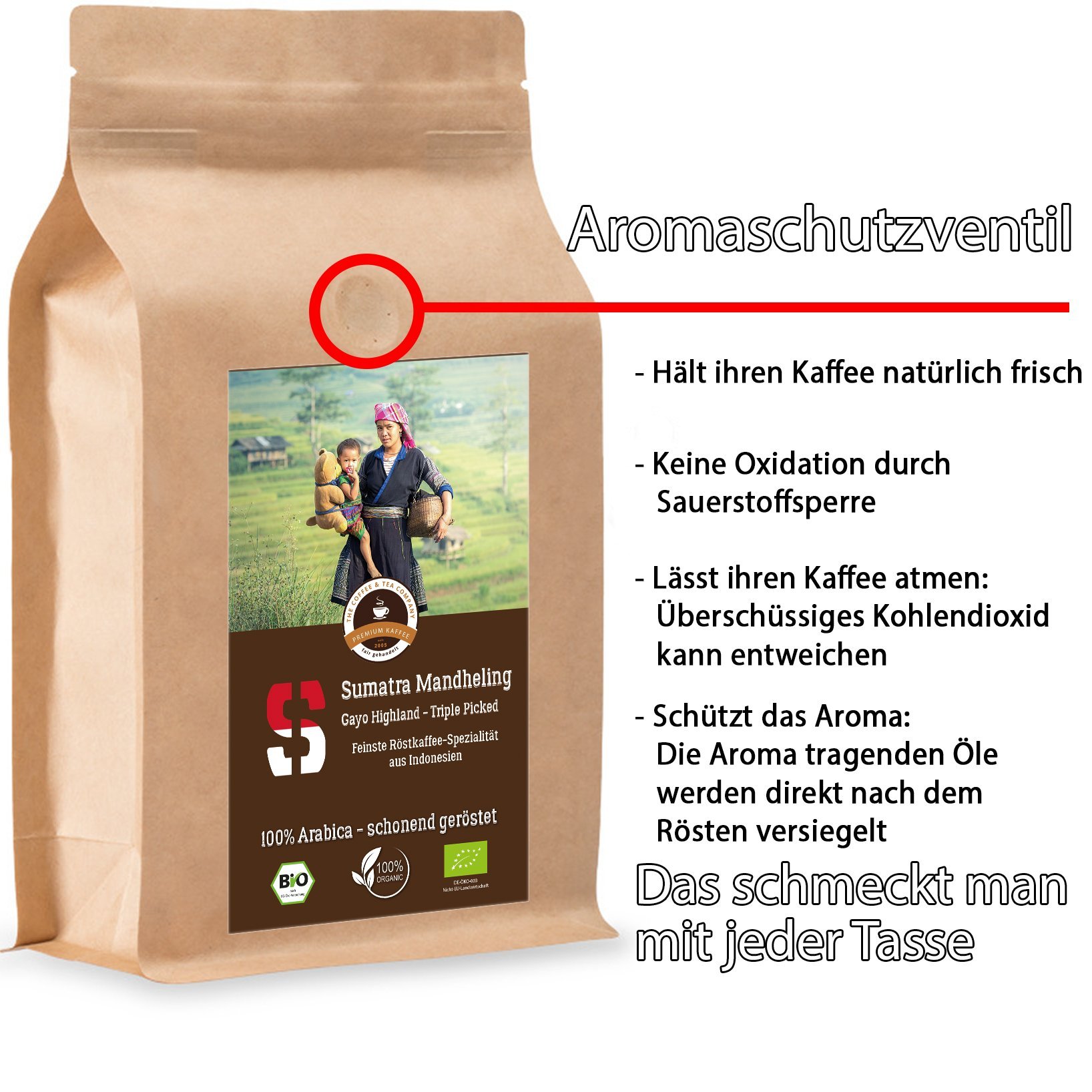 Kaffee Crema Sumatra Bio - 2 x 1000 g Ganze Bohne - für Kaffee-Vollautomat - Röstkaffee aus biologischem Anbau | Nachfüllpack