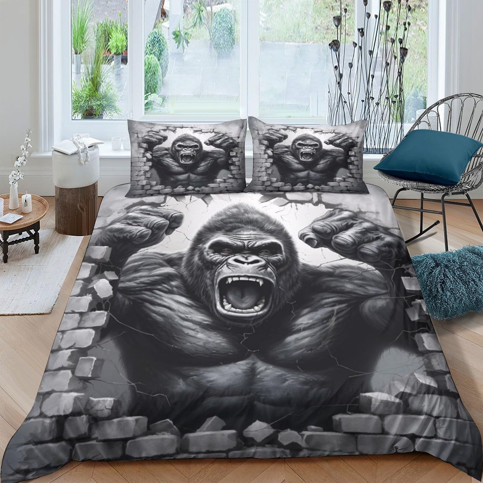 Ctjqhvkz Style-1 3D Printed Gorilla Wall Fitted Sheet Microfiber Black Gray Animal Mattress Cover For Bedroom Dorm Adult Youth Decor Single（135X200cm）