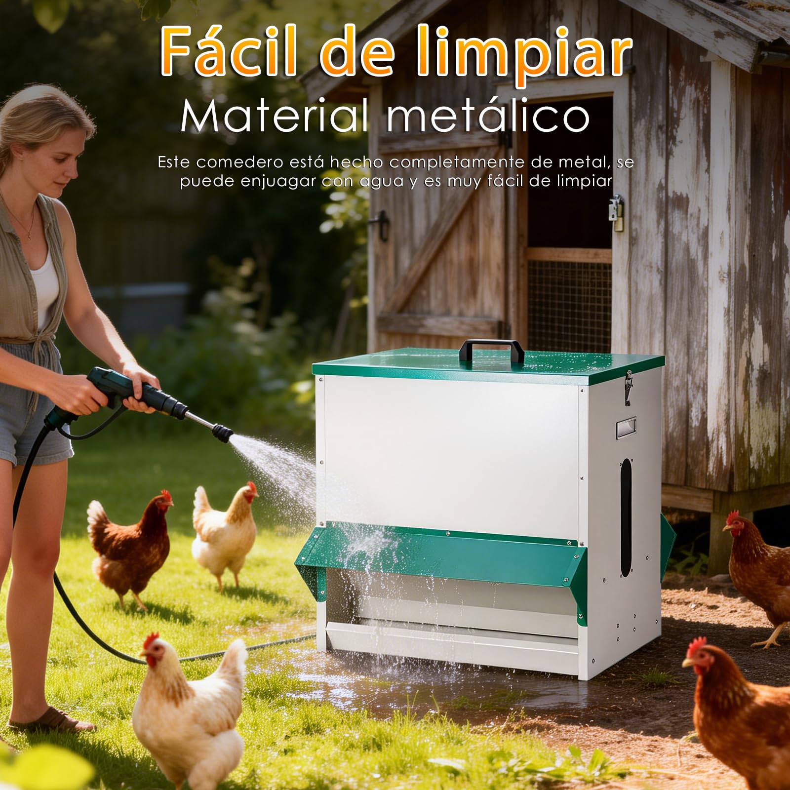 Comedero Gallinas Metalico 45kg Dispensador Automático, Alimentador Grande | Diseño Exterior Estable y Resistente a La Lluvia, Reduce La Carga de Trabajo