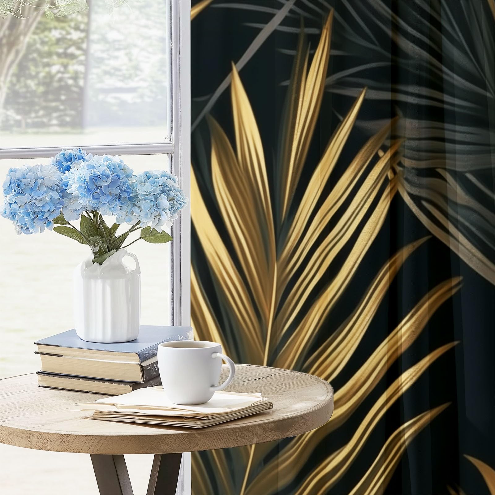 Wärmeisolierende Verdunkelungsvorhänge H166 x B75 cm (2er Set), Pflanzen Palmblätter, Schützende Ösenschals für schmale Fenster, Schwarz Gold