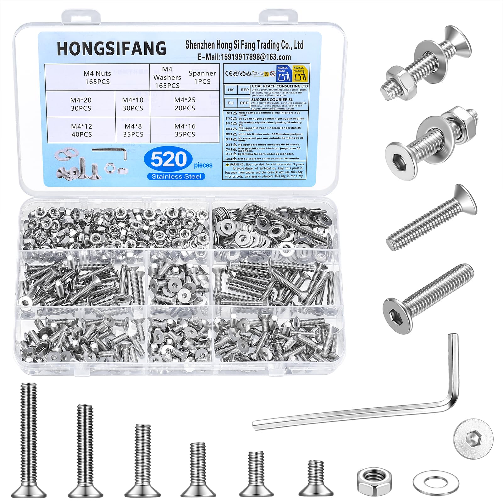 520 Pcs M4 Screws Set, Countersunk Bolts and Nuts Sets, Assorted Nuts and Bolts, Stainless Steel Flat Head Hex Socket Head Cap Screws Set, Flat Machine Screw Assortment Kit with Washers and Wrench