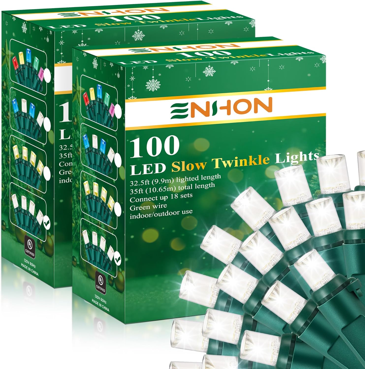 Enhon Slow Twinkling Christmas Light, 100 Lights 35 Ft Twinkle Pulsing Christmas, 5mm LED Wide Angle Soft Random Shimmering Set with Green Wire(Warm White,1 Pack)
