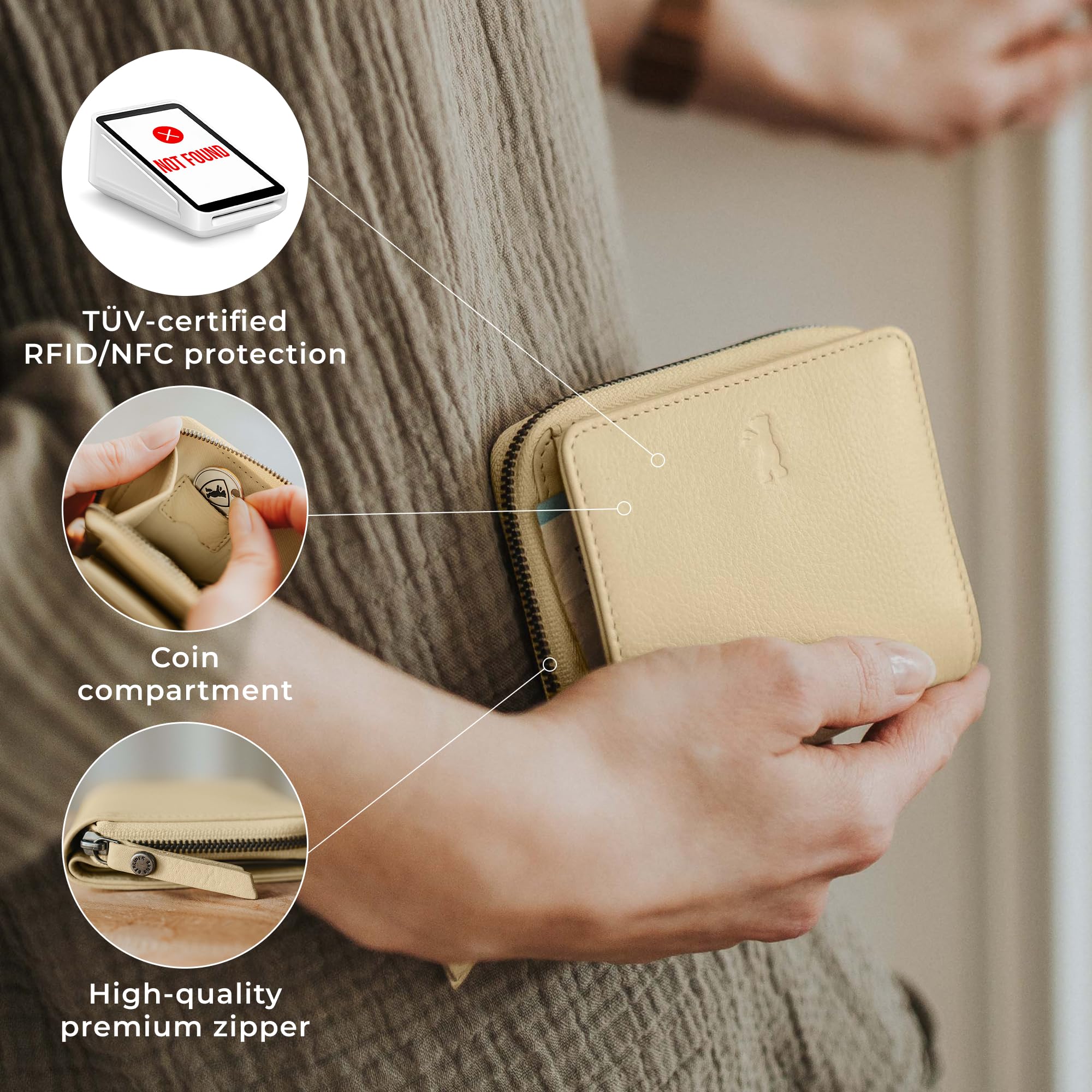Berliner Bags Portafoglio Donna Sara in Vera Pelle Pieno Fiore, Compatto con Zip e Portamonete, Protezione RFID, 8 Carte – Amarillo