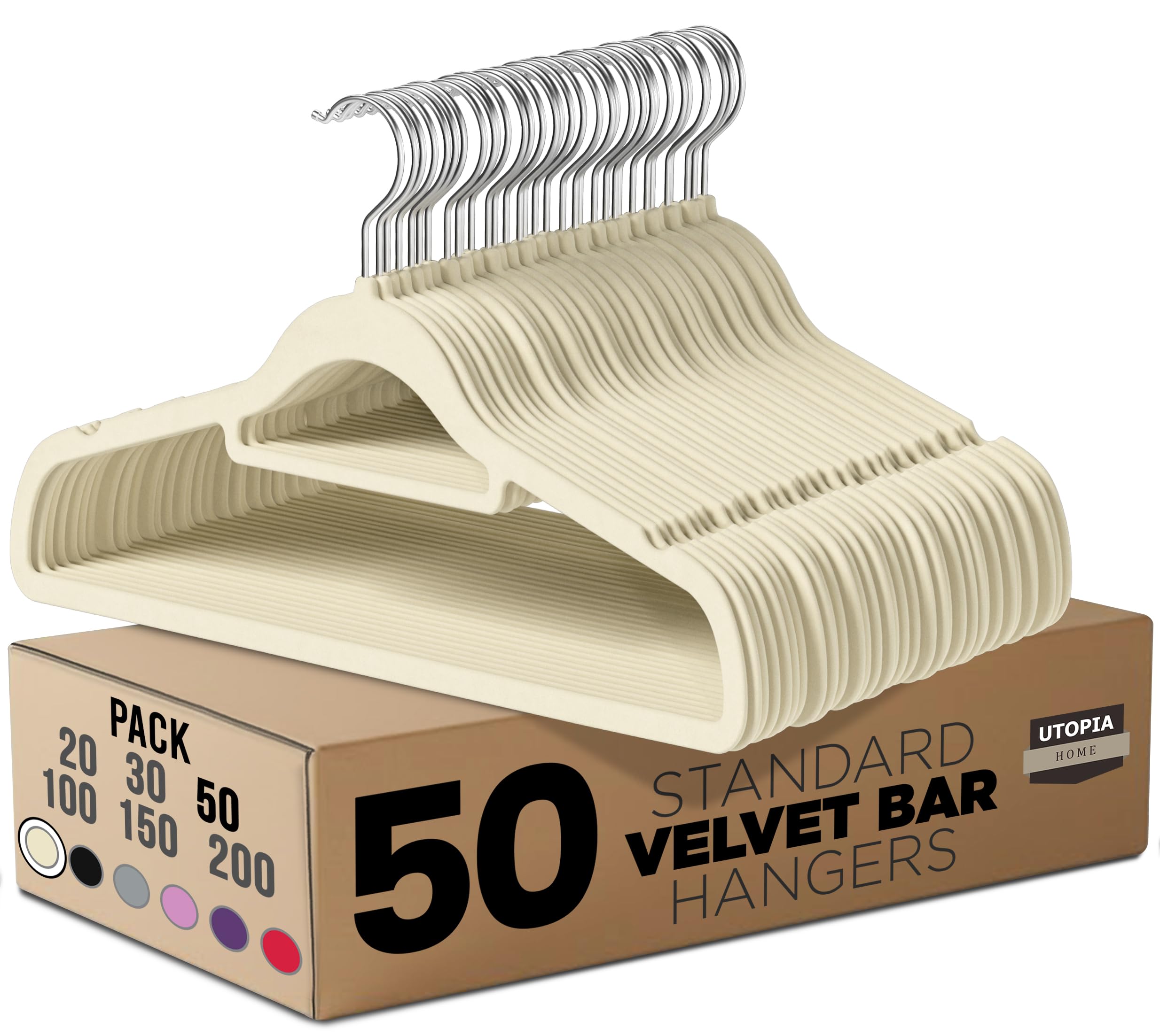 Utopia Home Grucce in Velluto Antiscivolo – Appendini Resistenti con Fermacravatte, Salvaspazio e Ultra Sottili, Ideali per Giacche, Cappotti e Maglioni (Avorio, Set da 50)