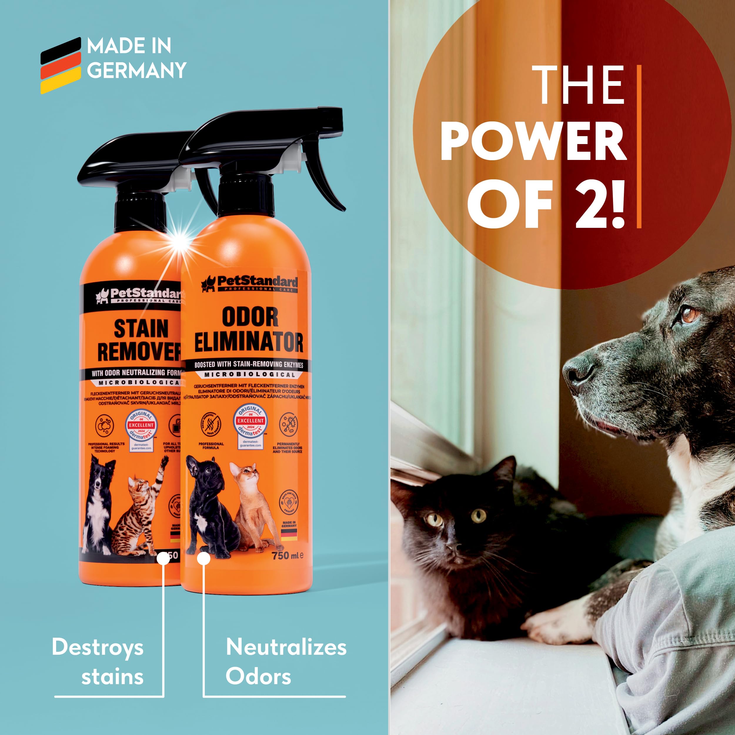 PetStandard Enzymatyczny środek czyszczący do moczu kota i moczu psa, 750 ml, silny środek do usuwania zapachu moczu, fekaliów i wymiocin, bezpieczny dla zwierząt domowych i przyrody, wyprodukowano w