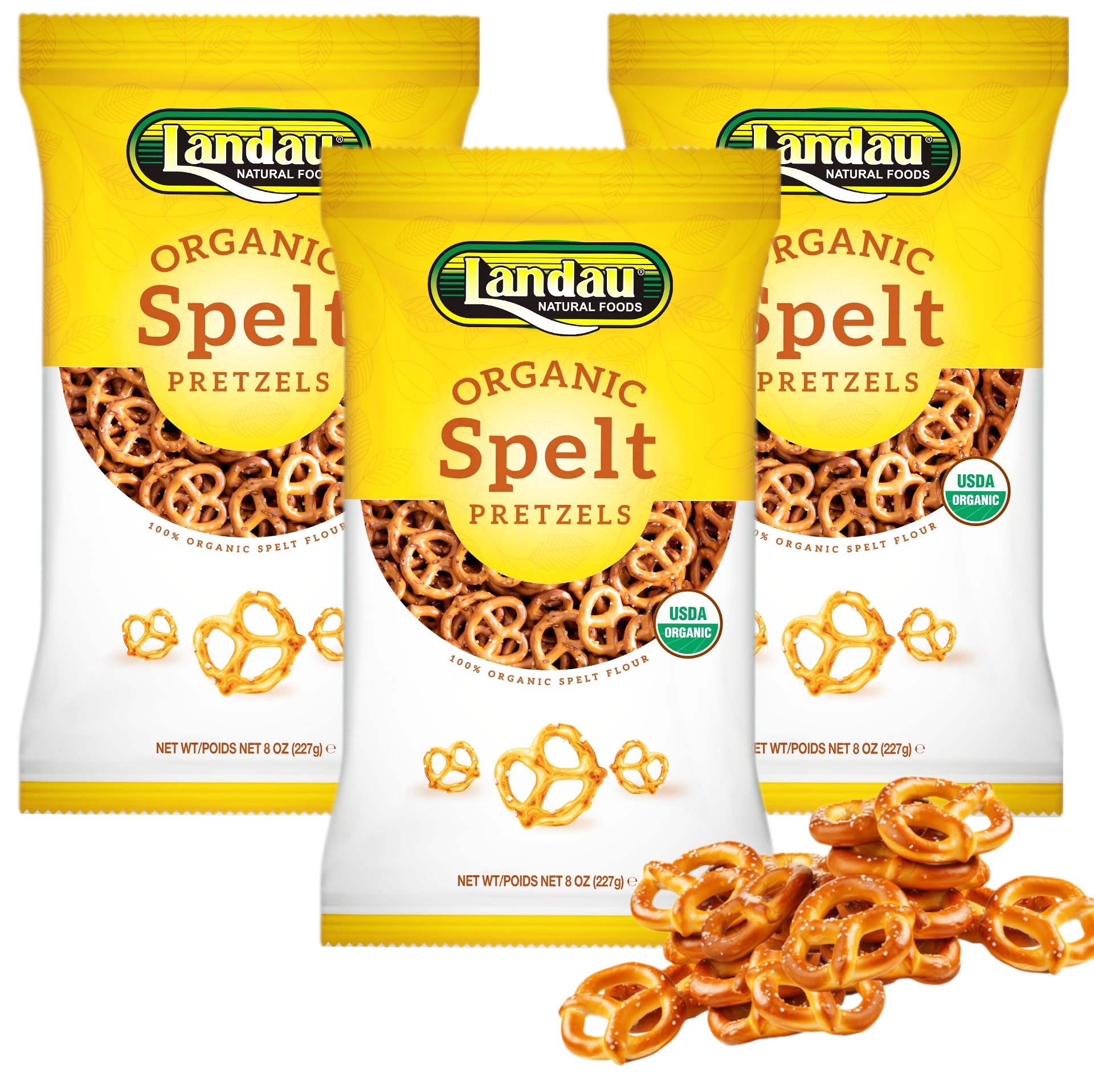 Landau Organic Spelt Pretzels, Salted, 8 oz (Pack of 3) | USDA Certified Organic, Kosher Pareve, Low-Fat Crunchy Snack | All-Natural Ingredients, Non-GMO, Healthy Salted Pretzel Bites