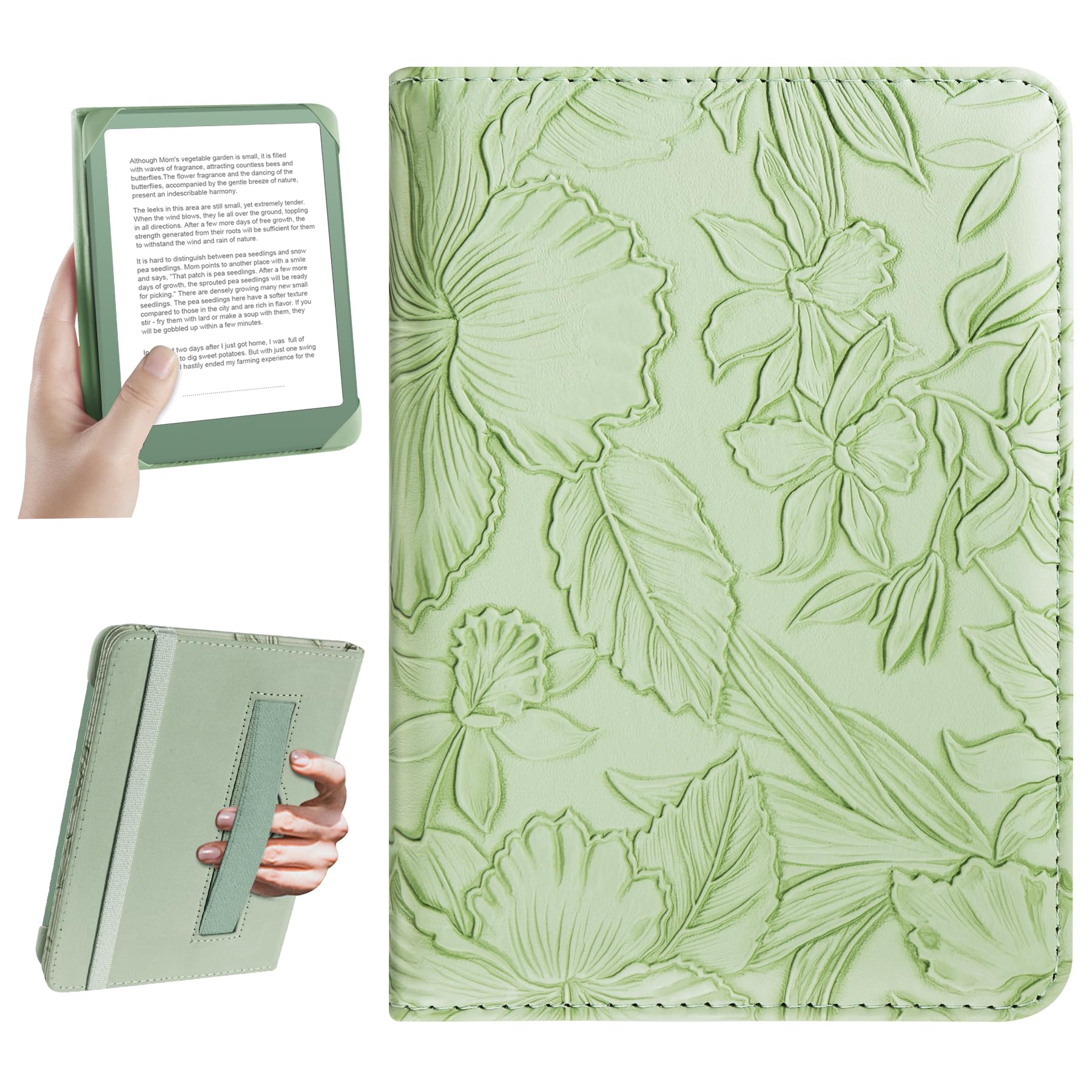 HoYiXi Universal Case for 6 inch Kindle eReader Compatible with Paperwhite(2015/2018)/Pocketbook and Tolino/Kobo Clara HD,6" eReader Protective Case Cover Elastic Rope,Green Leaves