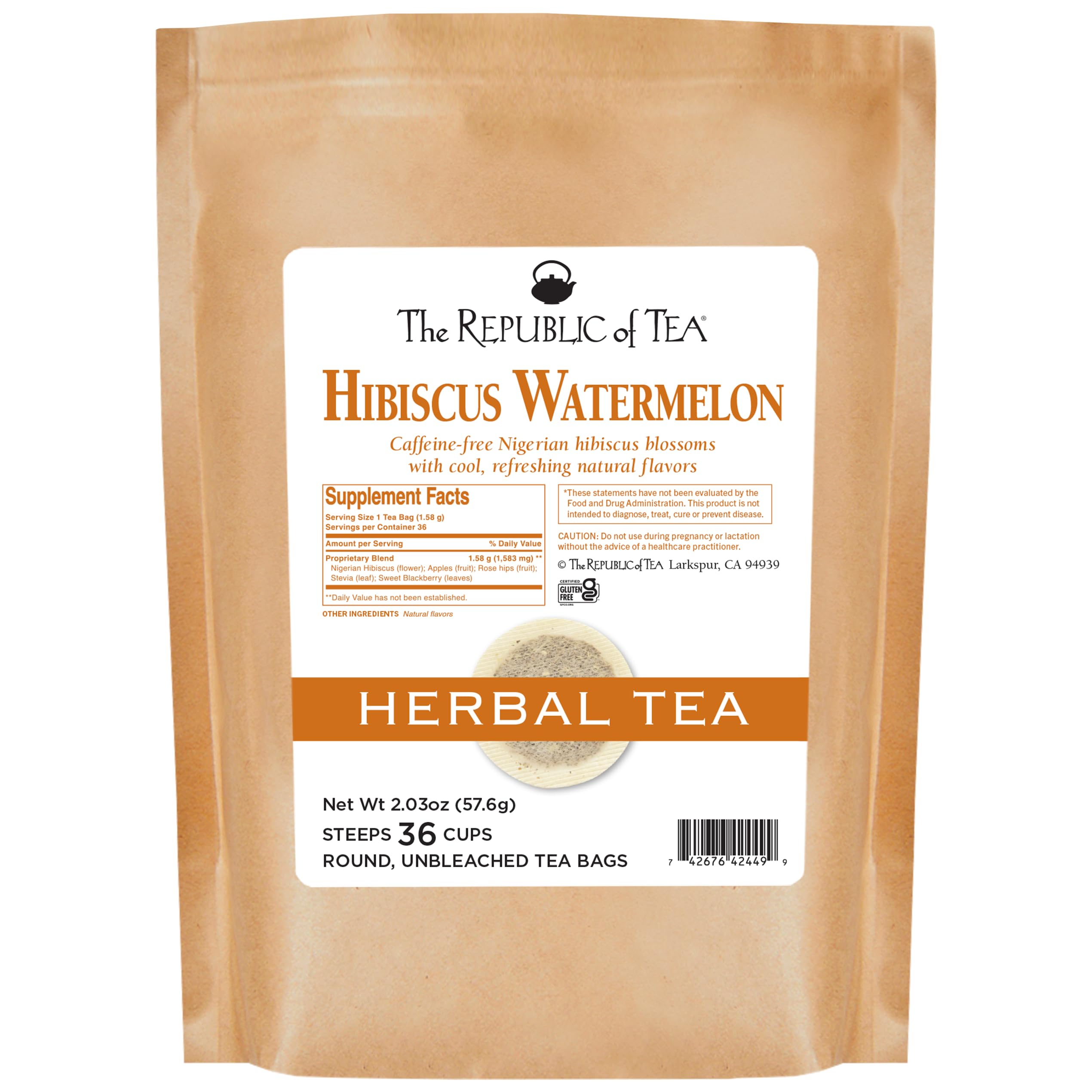 The Republic of Tea Hibiscus Watermelon Superflower Herbal Tea, 36 Tea Bags Refill, Citrus Berry Flavored Tea