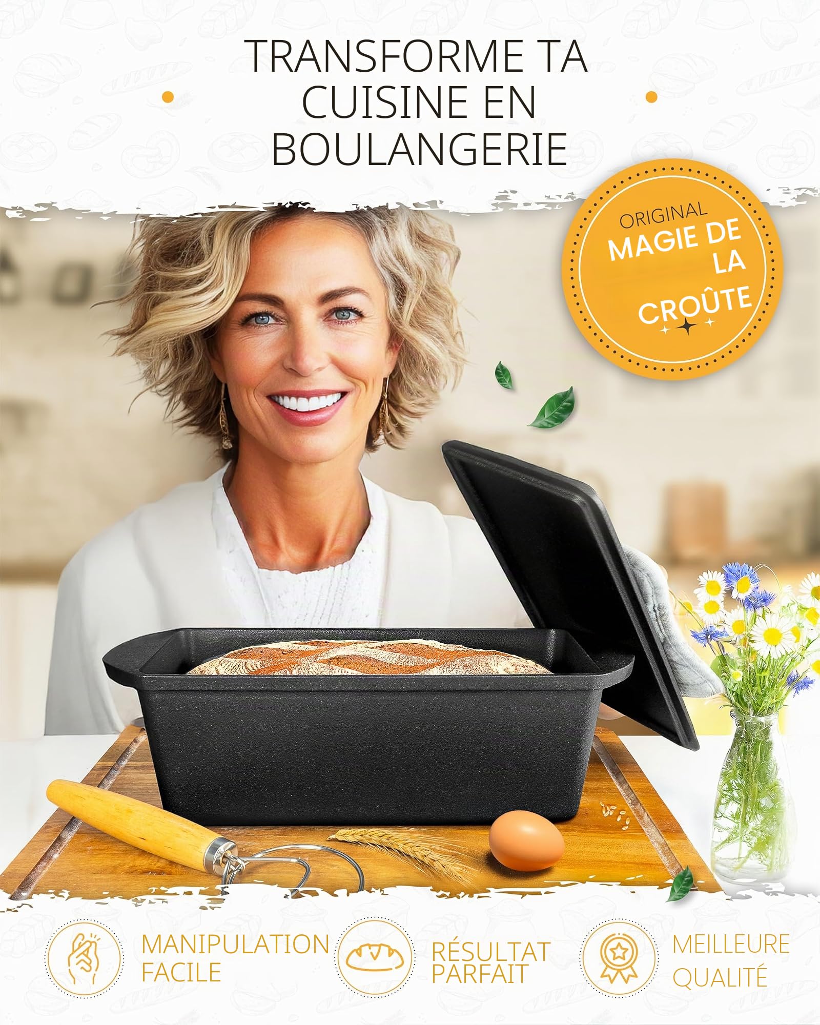 KRUSTENZAUBER Moul en fonte avec couvercle – Moule rectangulaire robuste de 28 cm – Idéal comme pain et casserole en fonte, accessoires de cuisson