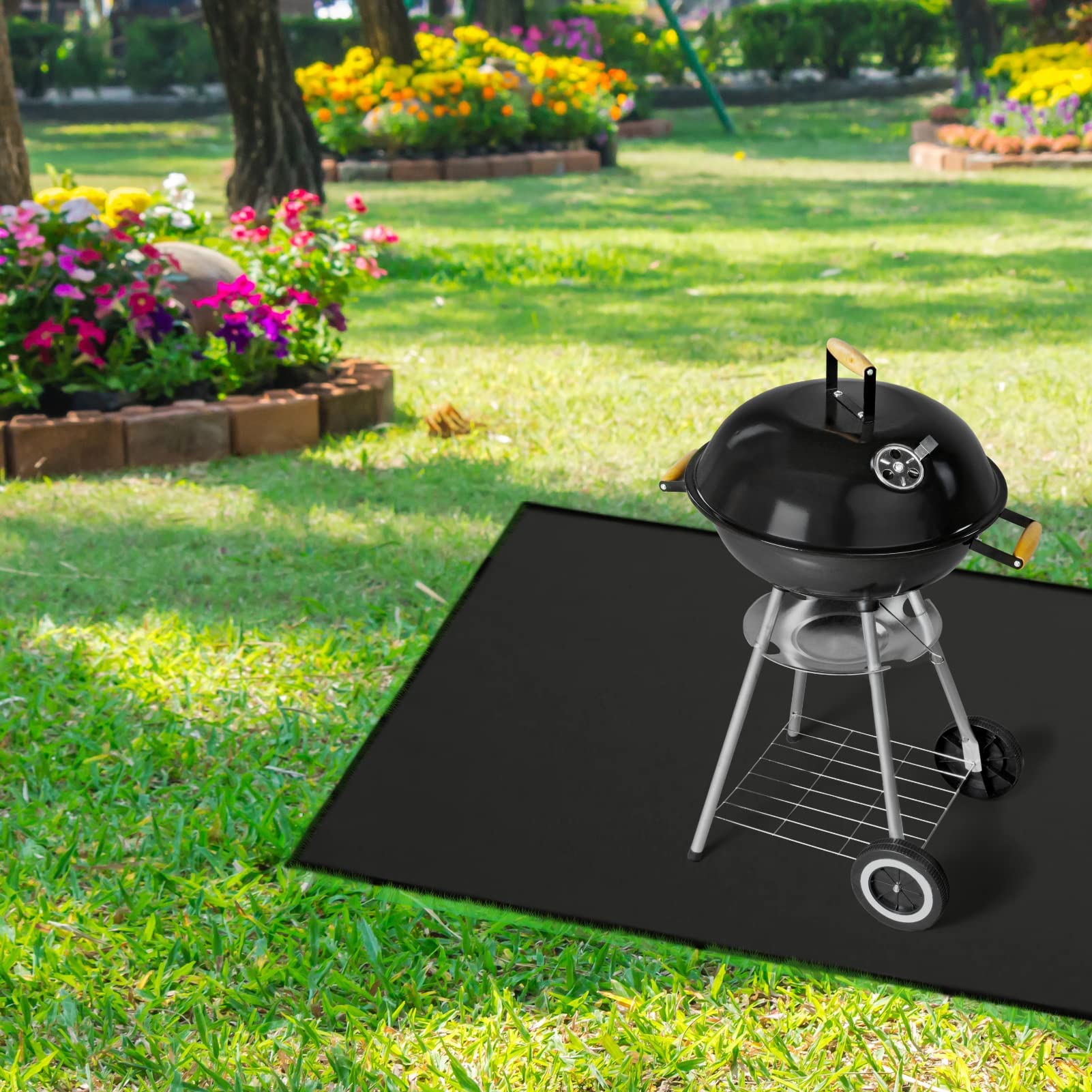 Alfombrilla de parrilla para exteriores, 150 x 102 cm, impermeable, resistente al aceite, soporte ignífugo, doble cara, reutilizable, cuadrada, negro