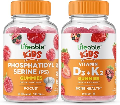 Lifeable Fosfatidilserina (PS) Kids + Vitamina D3 + Vitamina K2 Kids Bundle - Gran sabor, suplemento vitamínico, sin gluten, sin OMG, gomita