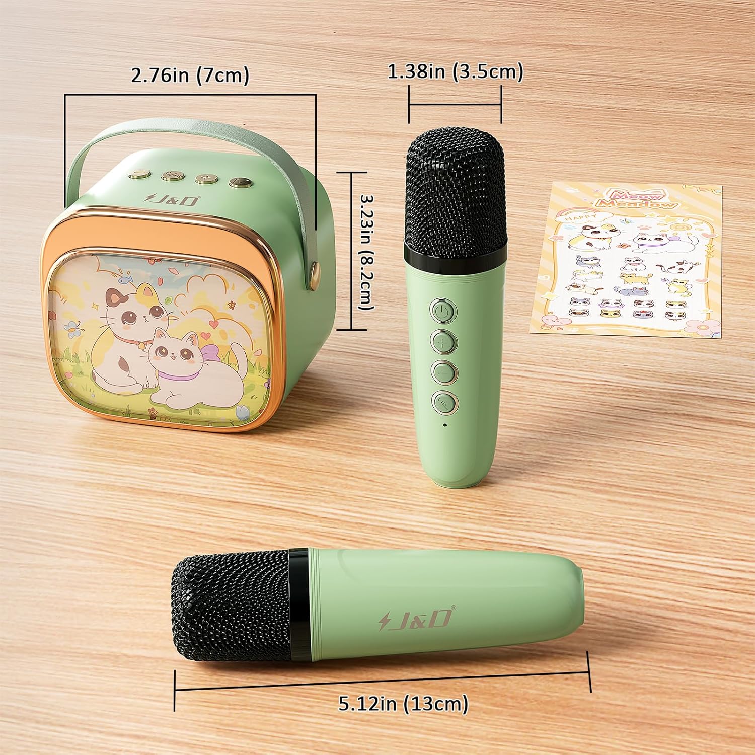 J&D Mini Karaoke Machine for Kids Adults, Portable Bluetooth Speaker with 2 Wireless Mics and Cat Sticker for Girls Boys Age 3–10 Birthday Gifts Princess Toys, Colorful LED, Green - Image 7