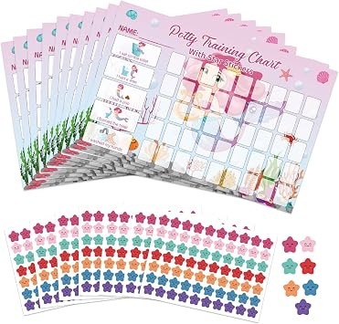 10 Sheets Little Mermaid Potty Training Reward Chart, Children Toilet Training Reward Chart with 490pcs Star Stickers for Toddler Children Behavior Toilet Training