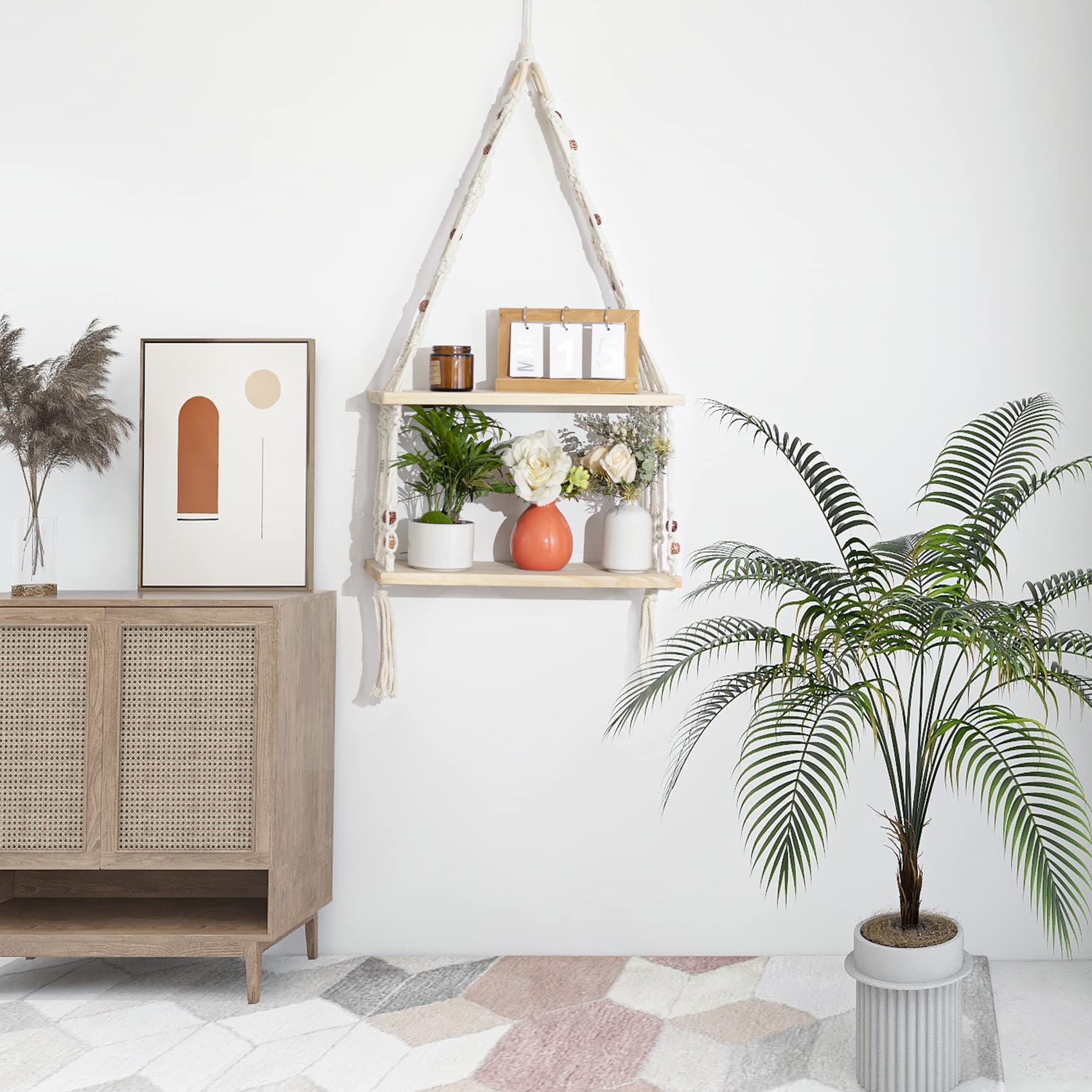 Boho Wall Hanging Shelves Macrame Floating Plant Photos Wood Shelf for Bedroom Living Room Apartment Decor