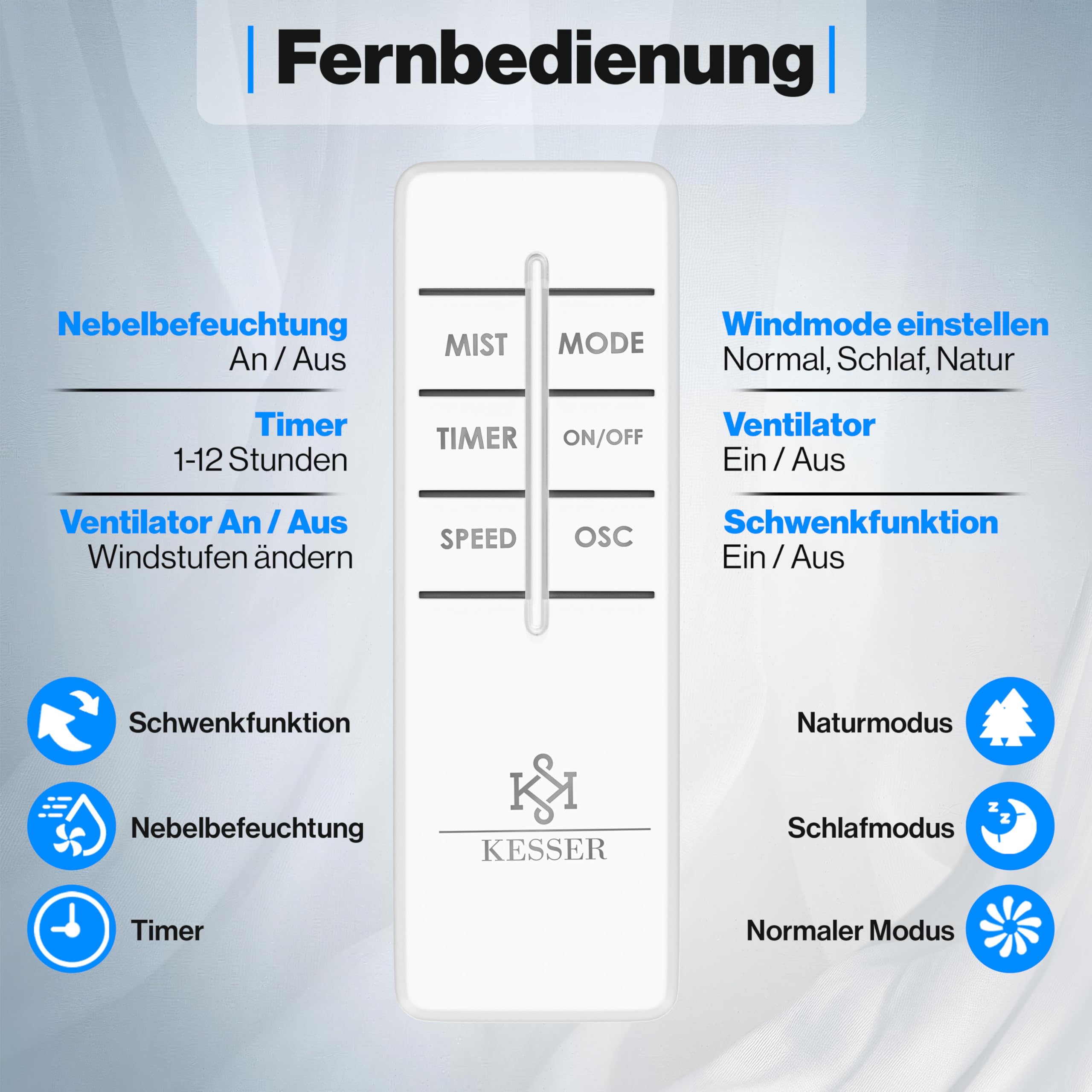 KESSER® Stand-Ventilator Frosty mit Wasser Ultraschall-Sprühnebel Wasserkühlung, inkl. Fernbedienung Timer-Funktion, Luftbefeuchter Leise, Nebelfunktion, Standventilator, Weiß/Schwarz