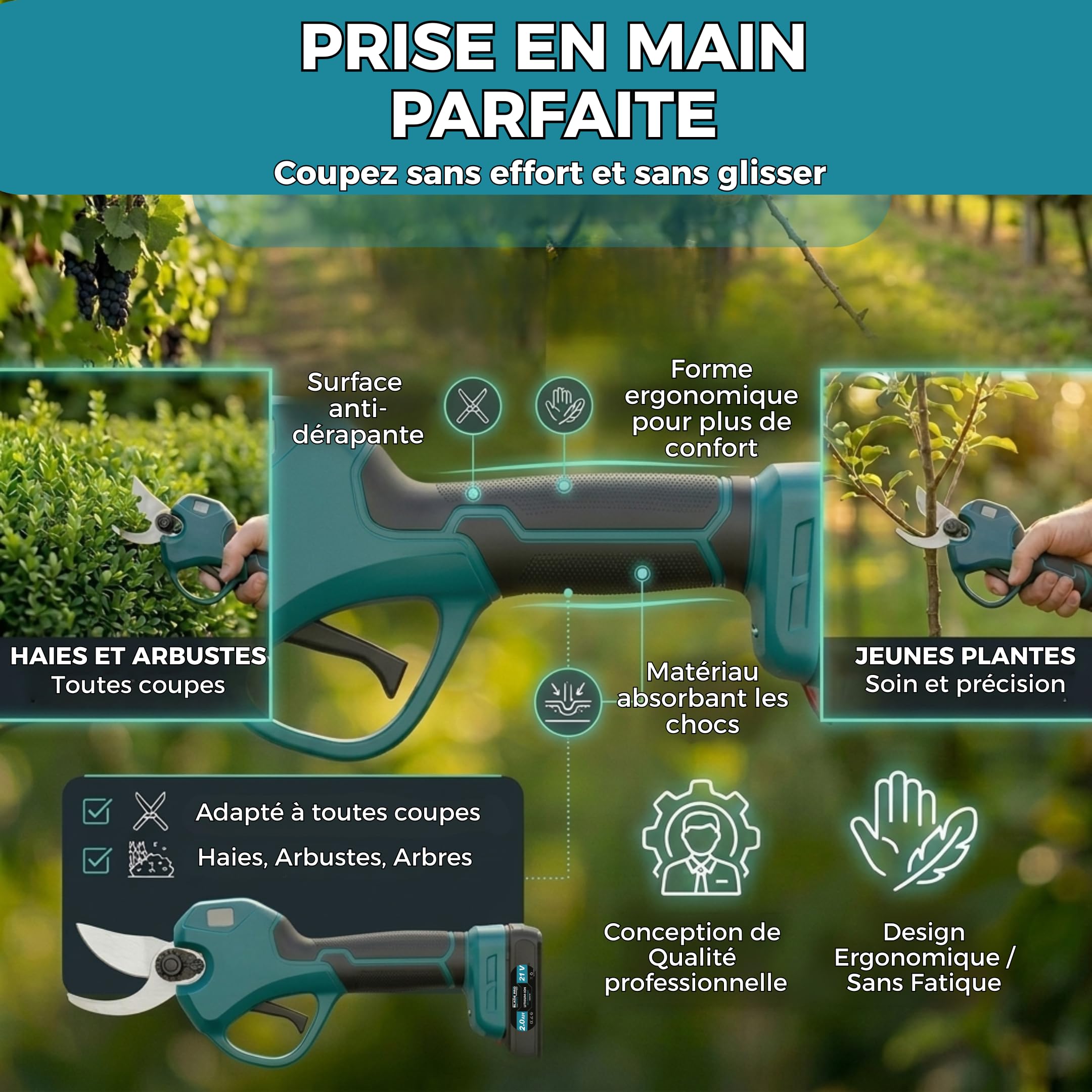 Sécateur Électrique Sans Fil 40mm - Sécateur à Batterie - 2 batteries 21V 4000mAh - Brushless 800W - Coupe Branche Professionnel - BLADEPRO