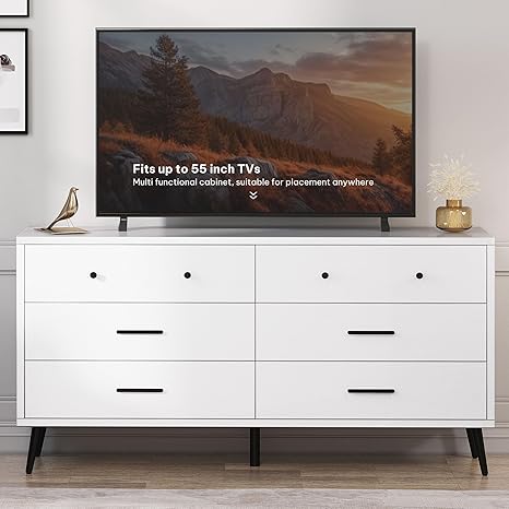 DWVO White 6 Drawers Dresser/Modern Wood Dresser Chest of Drawers with Black Metal Handle&Anti-Tipping Device/Modern Double Drawer Storage Cabinet for Entryway/Living Room-15.7" Dx55.1 Wx31.1 H