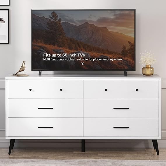 DWVO White 6 Drawers Dresser/Modern Wood Dresser Chest of Drawers with Black Metal Handle&Anti-Tipping Device/Modern Double Drawer Storage Cabinet for Entryway/Living Room-15.7" Dx55.1 Wx31.1 H