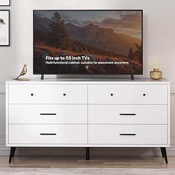 DWVO White 6 Drawers Dresser/Modern Wood Dresser Chest of Drawers with Black Metal Handle&Anti-Tipping Device/Modern Double Drawer Storage Cabinet for Entryway/Living Room-15.7" Dx55.1 Wx31.1 H