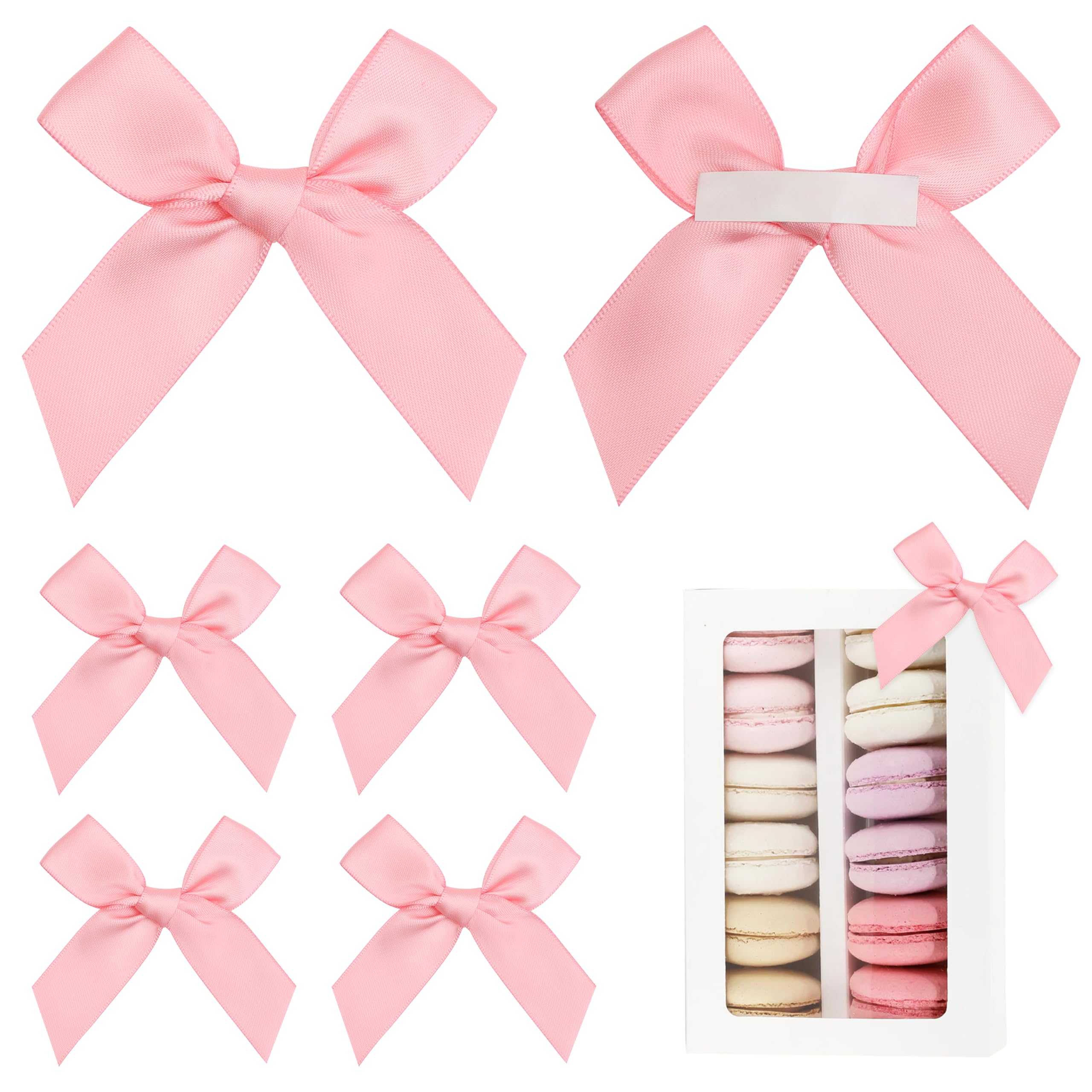 Pre-Tied Self Adhesive Pink Satin Ribbon Bows for Crafts 3"