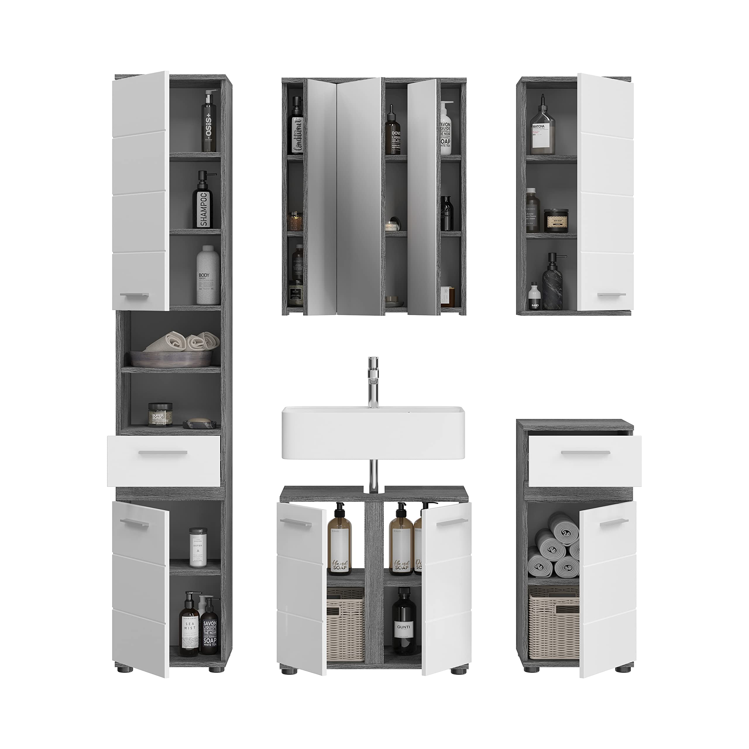 xonox.home Badezimmer Blake 5tlg. Kombination Badmöbel Set Set für kleine Bäder Komplettprogramm Badezimmer Bademöbel-Set in weiß Hochglanz, rauchsilber Nachbildung