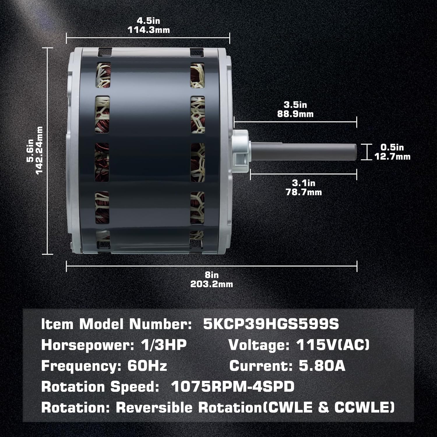 5KCP39HGS599S Furnace Blower Motor 1/3HP 115V 60Hz 1075RPM/4SPD Reversible Rotation Compatible with GE Trane, Replaces MOT99600 MOT18948 MOT9053 MOT09053 MOT04716(Includes Capacitor)