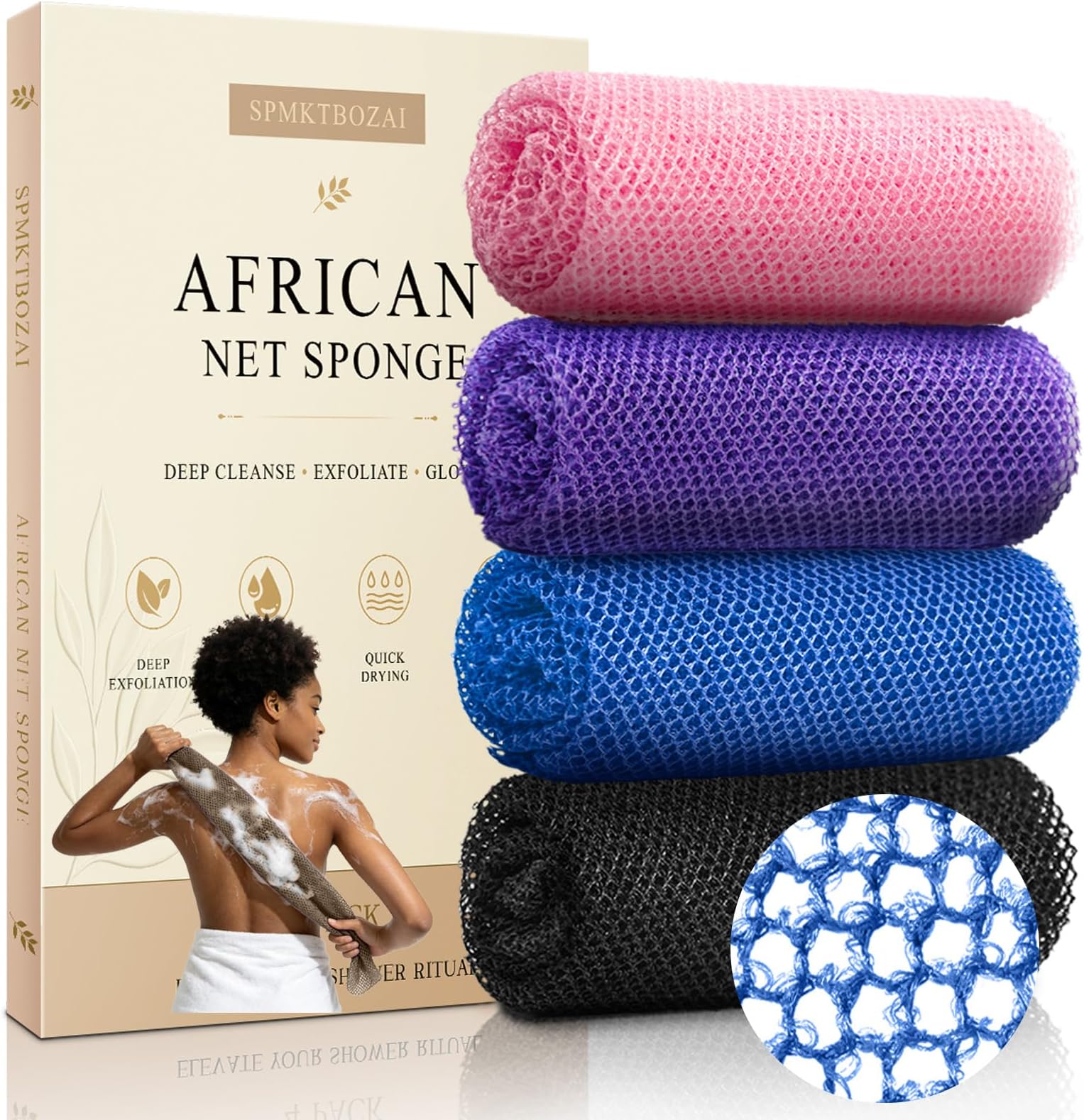 SPMKTBOZAI 4 Pack African Net Sponge, African Exfoliating Net for Body