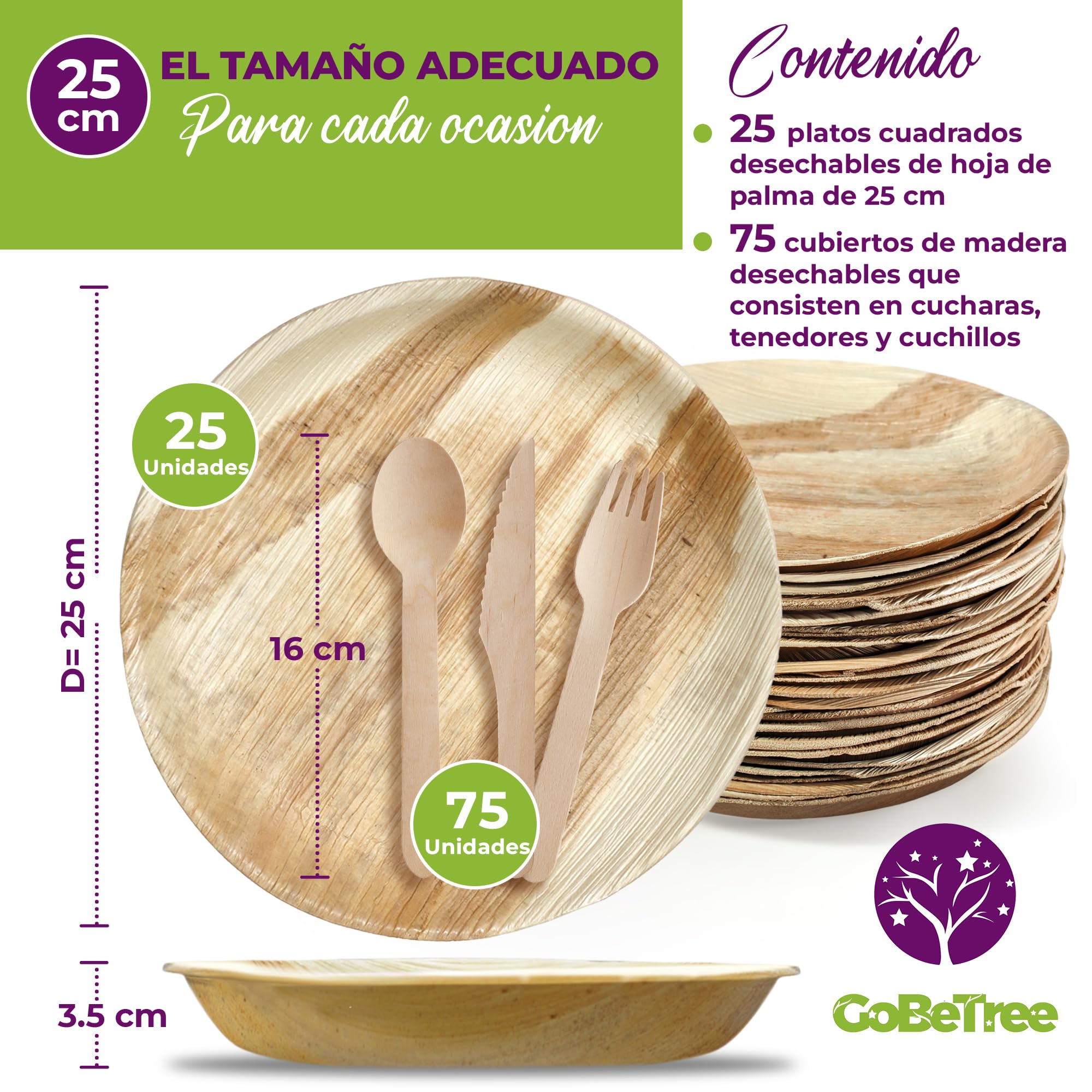 GoBeTree 25 Platos desechables de Hoja de Palma Redondos de 25 cm con 75 Cubiertos desechables de Madera, Vajilla desechable elegante, similar al bambu, menaje para fiestas, barbacoas y picnic