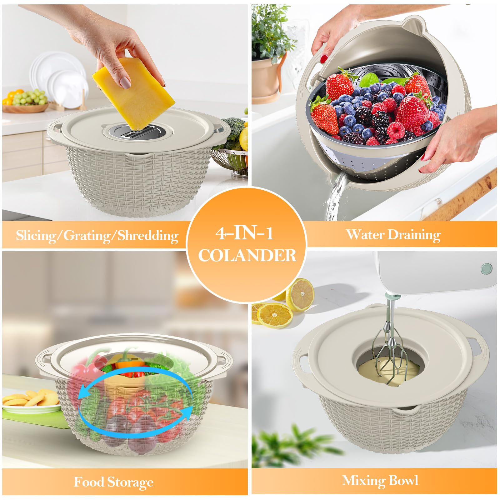 Colador 4-1 con juego de cuencos, coladores y coladores de alimentos, cuenco para lavar frutas con colador, colador giratorio para cocina, accesorio de cocina estético, color beige 6
