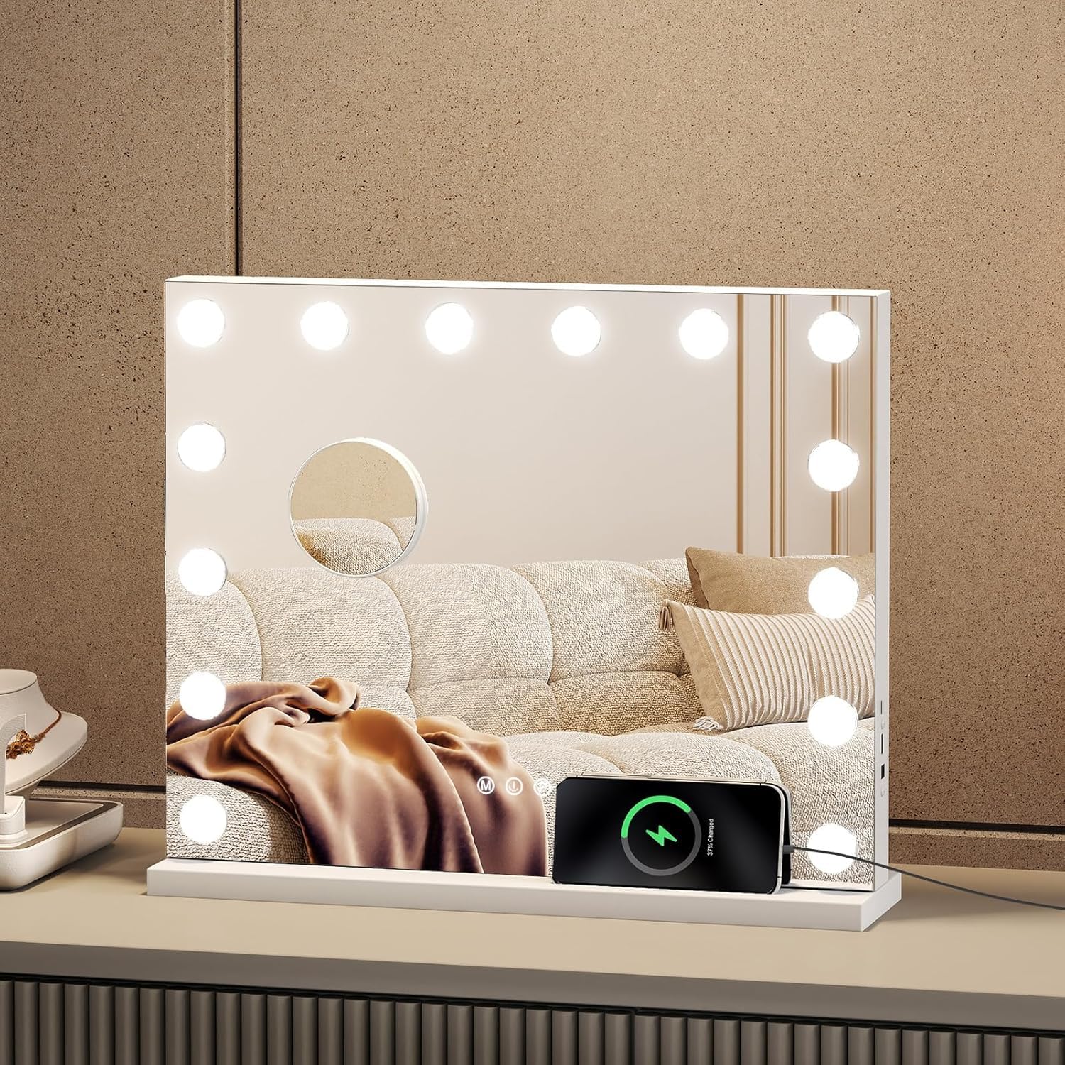 Emitto White Hollywood Vanity Mirror With Lights 50×42 Cm, Large Lighted Makeup Mirror With 14 Dimmable Led Bulbs – 3 Color Modes, Smart Touch Dimming, 10X Magnifier, Usb Type A & C Rechargeable (White)