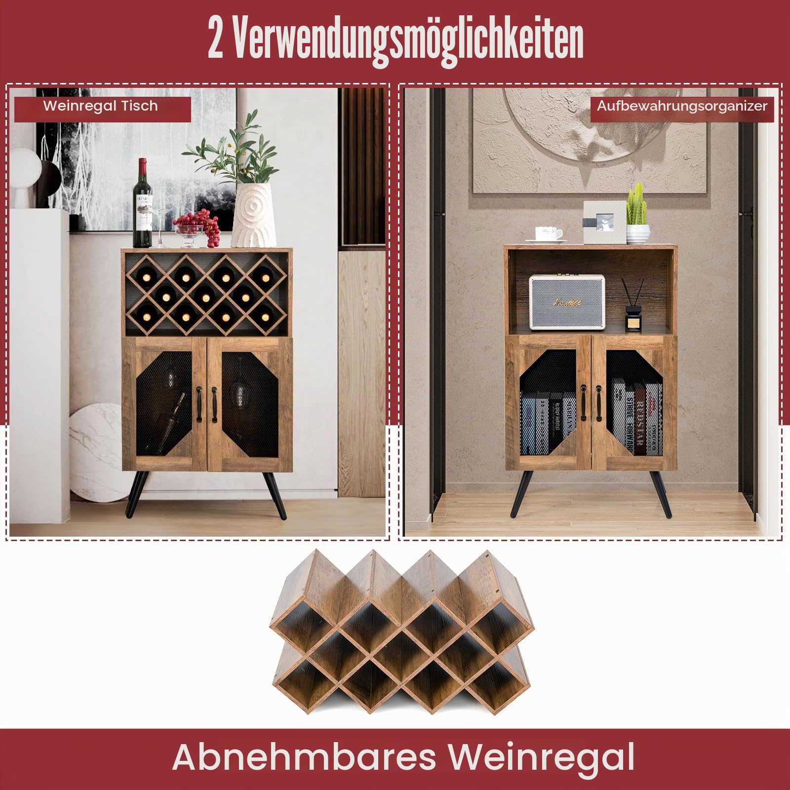 KOMFOTTEU Weinschrank für Küche, Buffetschrank mit herausnehmbarem Flaschenregal und Getränkehalter, Sideboard mit 2 Netztüren und Kippvorrichtung, Wein Schrank für Esszimmer, Wohnzimmer