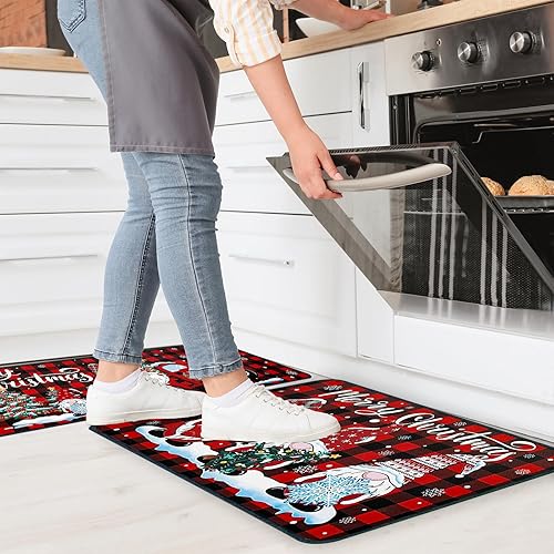Miniatura 6 de ABONDEVER Juego de 2 alfombras de cocina de Navidad, diseño a cuadros de búfalo, antifatiga, antideslizantes, lavables, para el suelo de la cocina