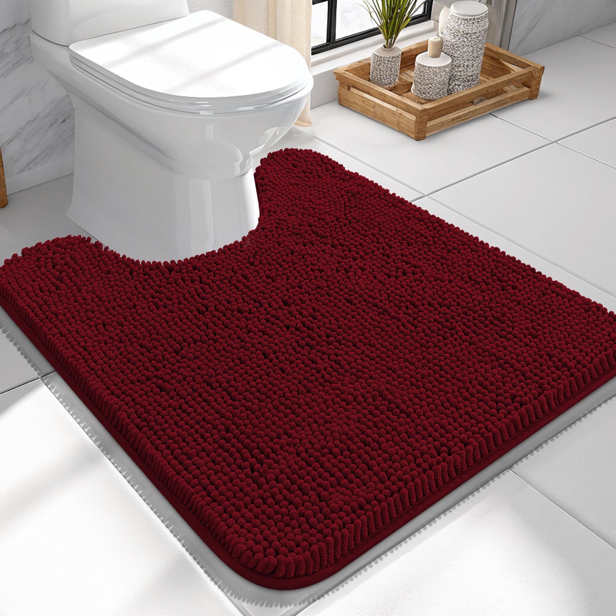 OLANLY Toilet Rugs U-Shaped 24x24, Soft Absorbent Chenille Contour Rugs | Burgundy, Quick-Drying Rubber Backing, Machine Washable Non-Slip Shaggy Bathroom Mat for Toilet, Home Decor Accessories