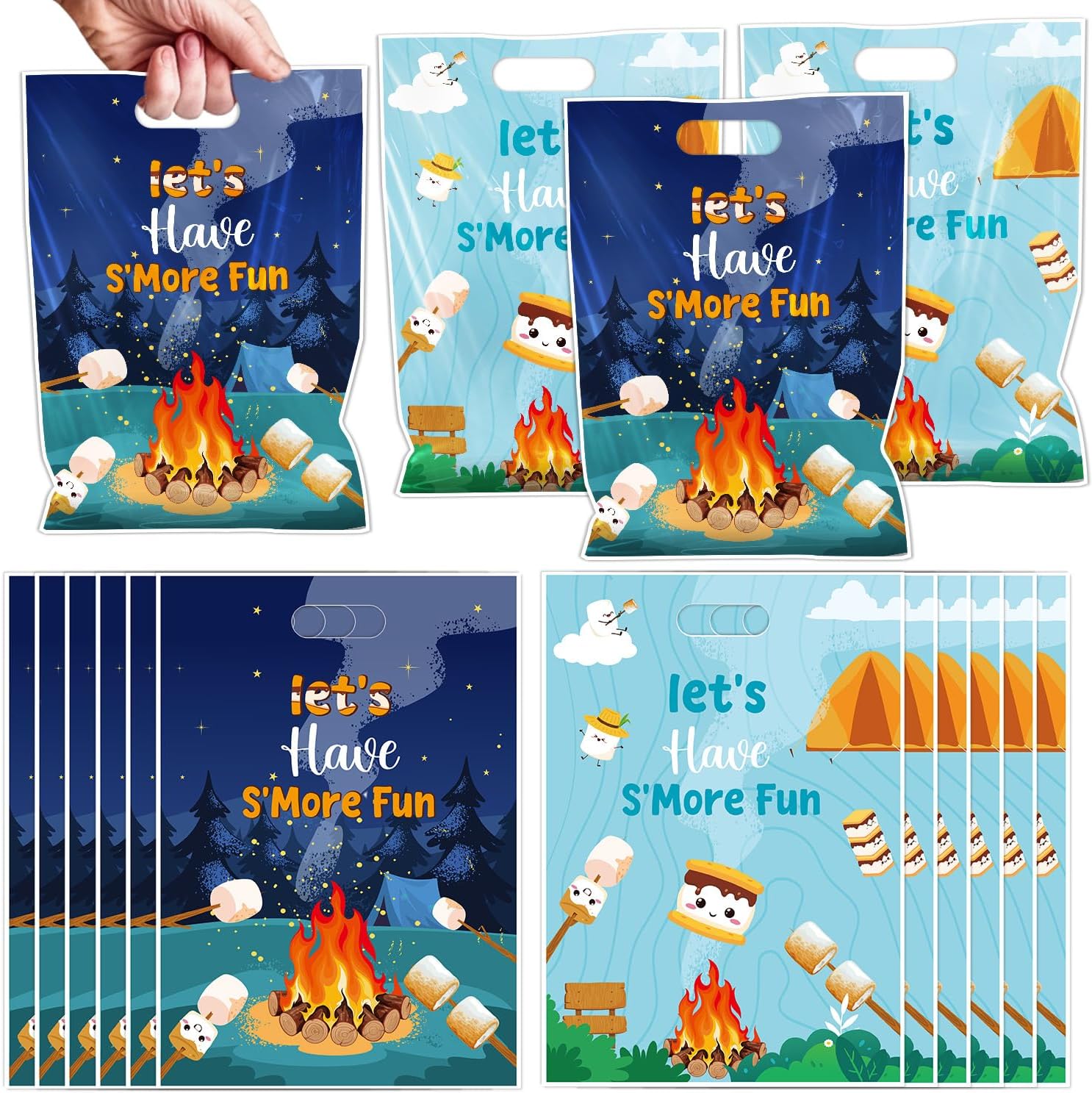 Falueqg Smores Camping Party Favor Bags - 50 Pcs Fun Campfire Camping Goodie Candy Gift Bags S'more Themed Party Favor Supplies for Birthday Baby Shower Wedding Decors