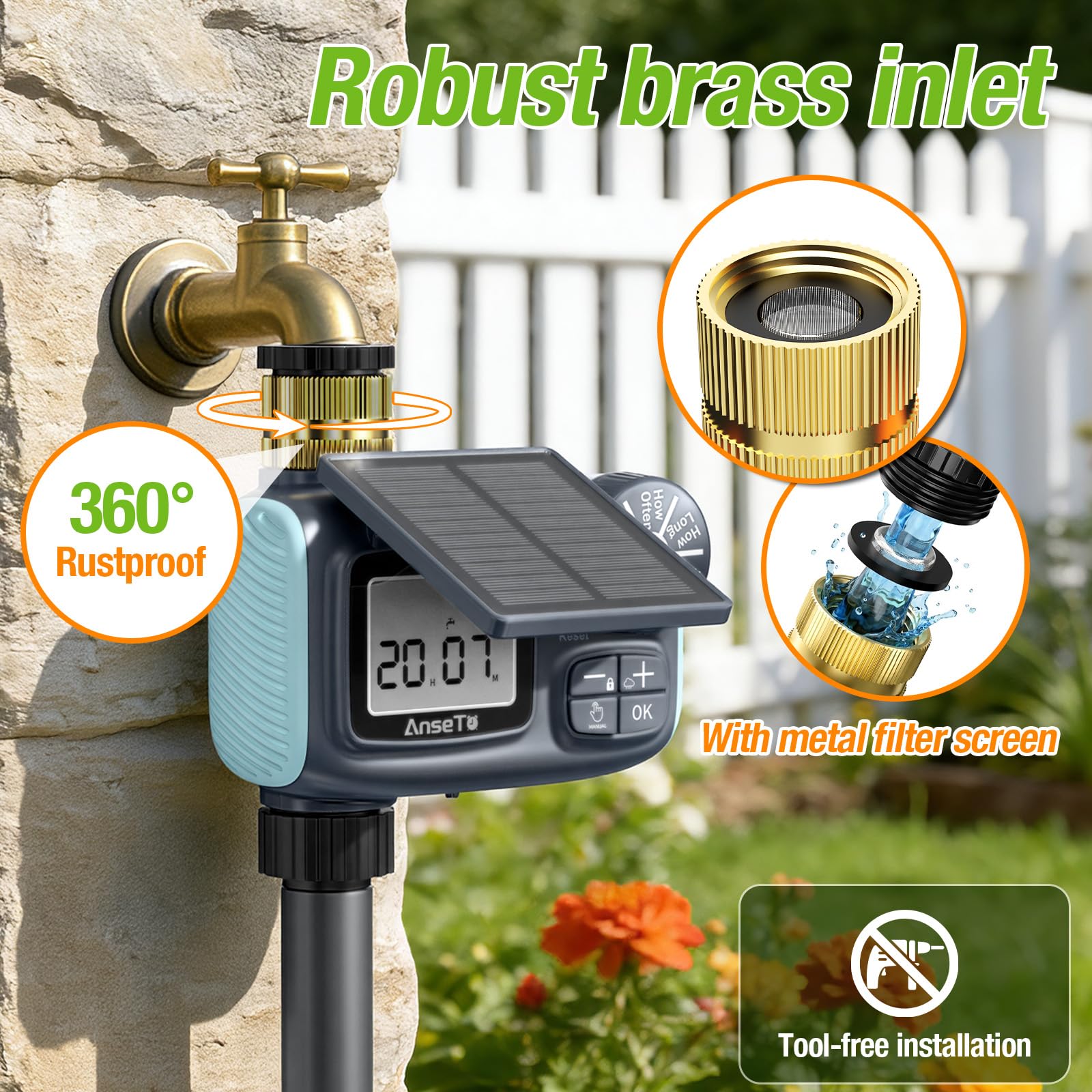 Programmateur Arrosage Automatique Solaire, Système D'irrigation Automatique, Charge par Câble USB-C et Panneaux Solaires, Ecran LCD Ultra Clair,Contrôle de I'irrigation pour Jardin et Pelouse