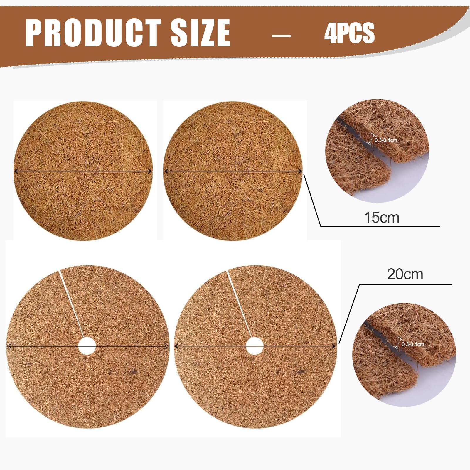 Esterillas de Coco, Paquete de 4, Disco de Mantillo de Coco, Cubierta para Macetas, Protección para Plantas de Coco, Disco de Coco, Protección Sostenible para Plantas