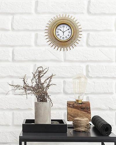 Miniatura 3 de Reloj de pared dorado Sunburst, reloj de pared pequeño de 10 pulgadas, funciona con pilas, moderno y bohemio decorativo para sala de estar,